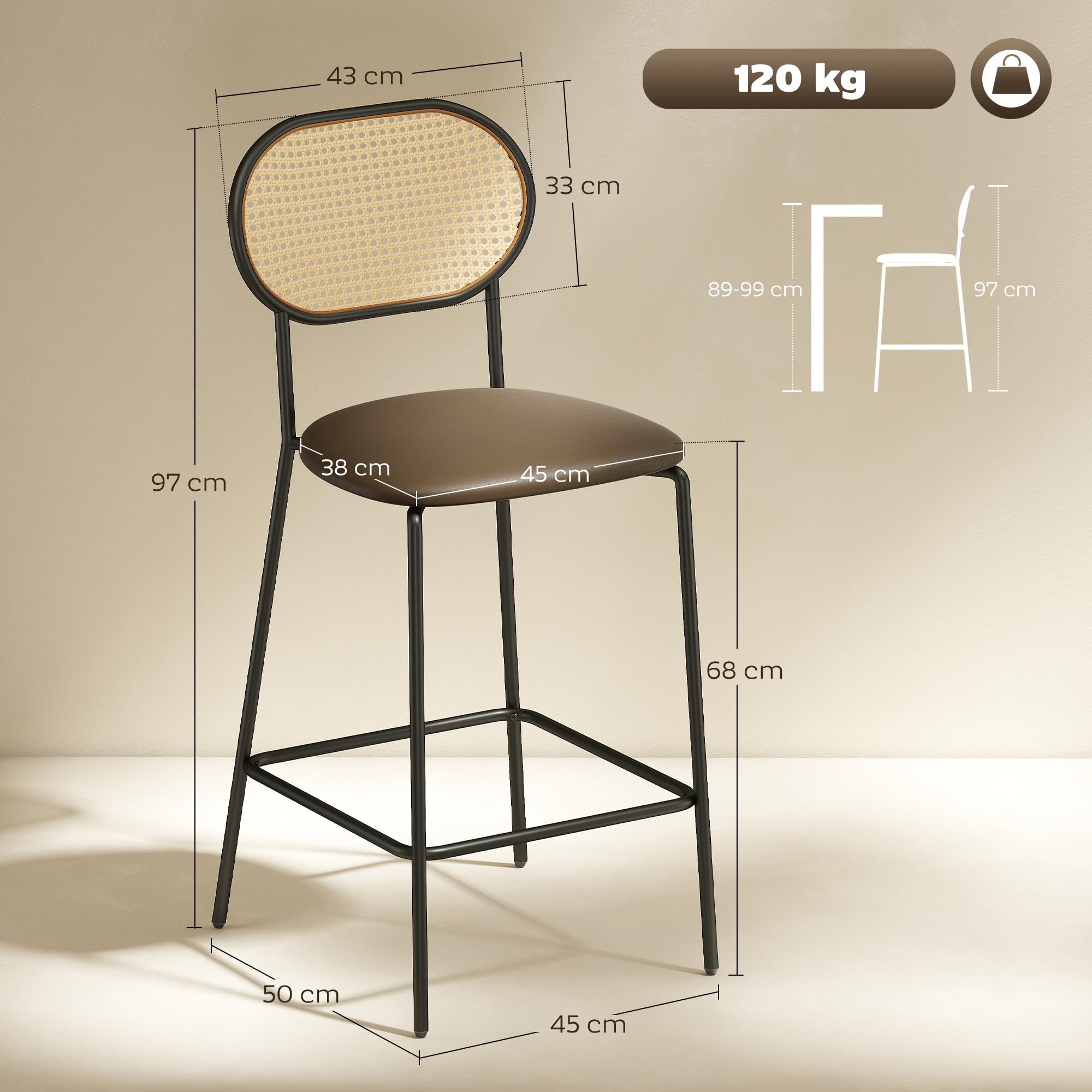 HOMCOM Juego de 2 Taburetes de Bar Taburetes Altos de Cocina con Respaldo de Ratán Asiento de PU Marco de Acero y Reposapiés para Comedor Mostrador 45x50x97 cm Marrón