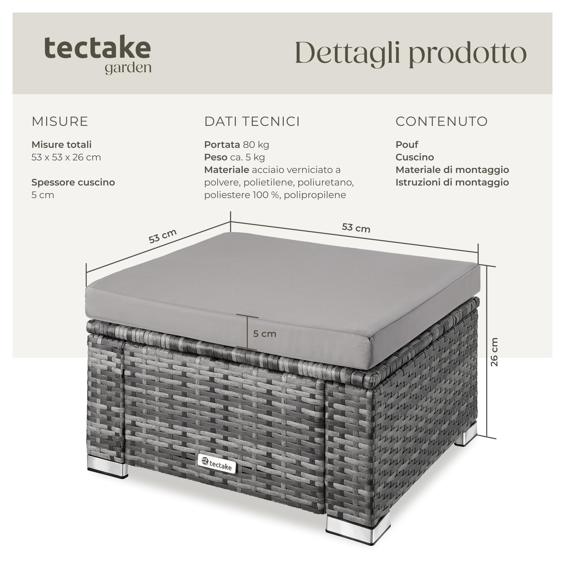 tectake® Pouf in Polyrattan, Arredo da Giardino Elegante e Pratico, Resistente alle Intemperie, Con Cuscino Confortevole, Pouf Sgabello, Ideale per Terrazzo e Balcone – Grigio