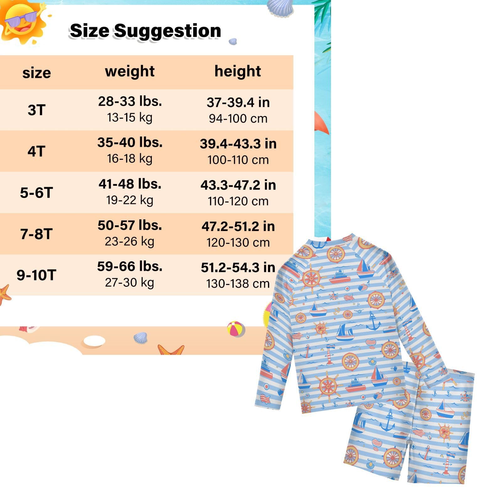 Blue Sea Anchors Stripe Ochrona UV Chłopięcy Strój Kąpielowy 2-częściowy Zestaw Stroju Z Długim Rękawem Chłopięcy Strój Kąpielowy 3-10