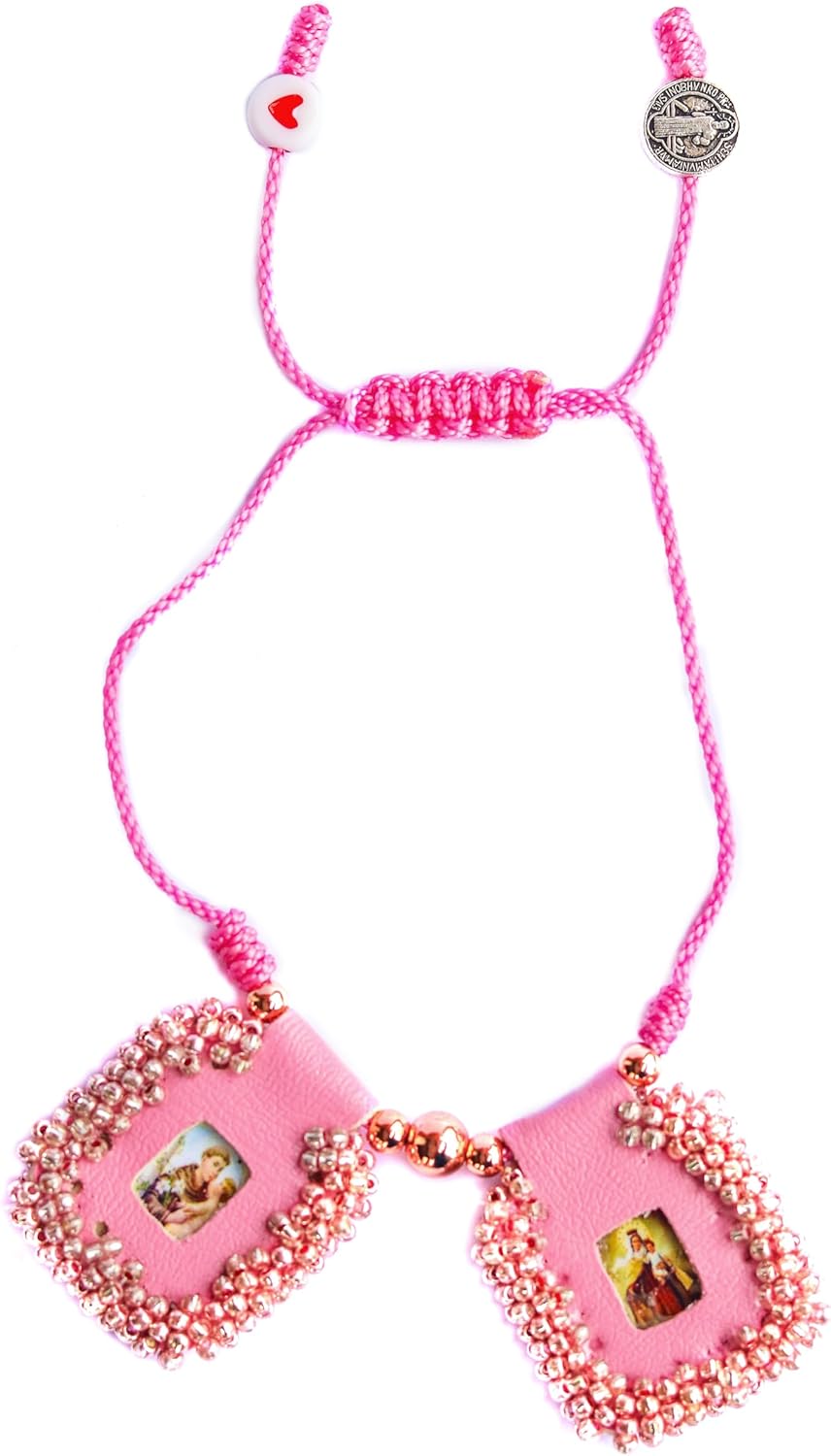 Sacred Scapular Bracelet Handmade Embroidered Rose Stone Wristband of Sacred Heart of Jesus, Holy Virgin of Carmen, St. Michael Archangel. 2,5cm x 3cm by Zaraleas