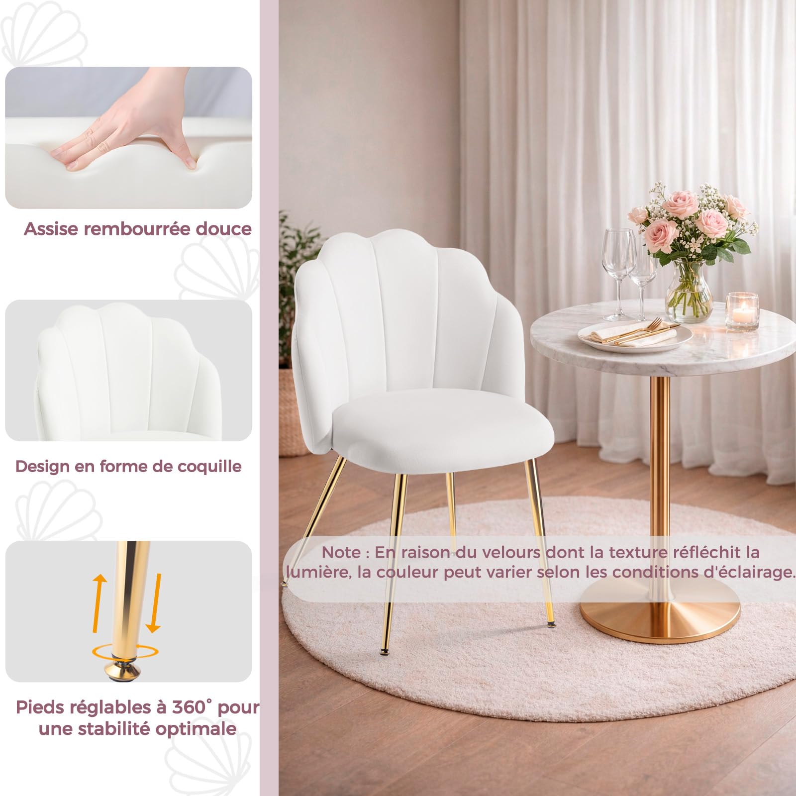 Chaise Coiffeuse Velours Blanche - Fauteuil Coquille Pieds Dorés Design pour Chambre Salon Fille, Facile à Monter