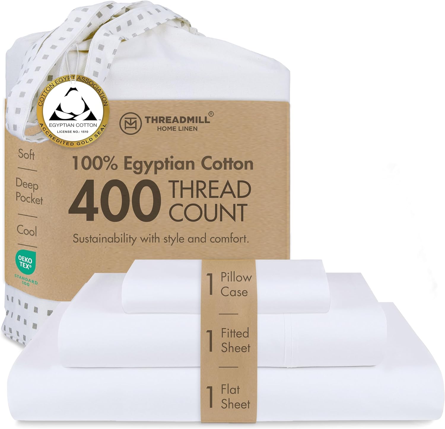 Threadmill Egyptian Cotton Twin XL Sheet Set | 100% Certified Egyptian Cotton Sheets for Twin XL Size Bed | Sateen Twin XL Bed Sheets Set Deep Pocket | Soft Hotel 3-Piece Cooling Sheet Set | White