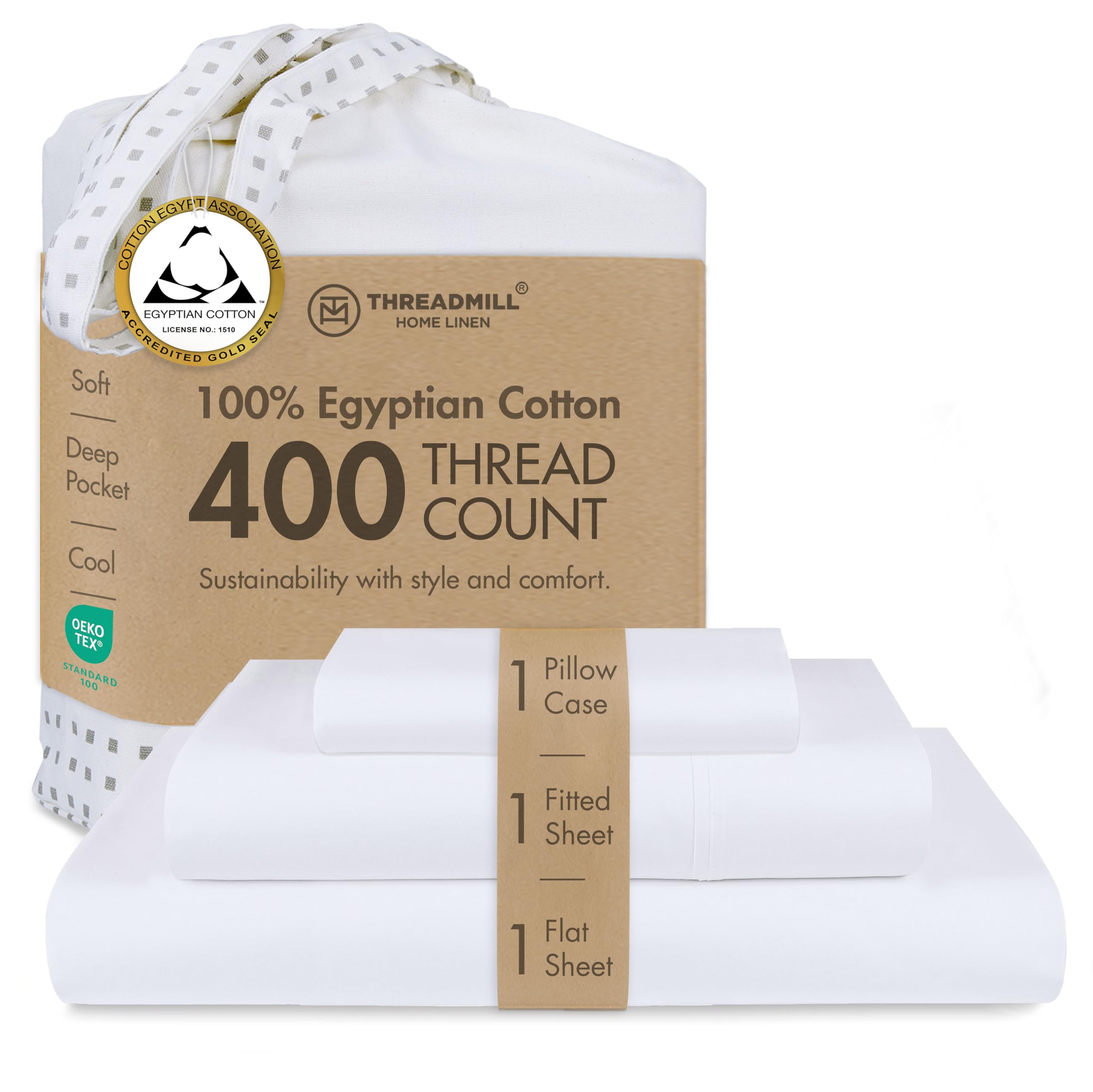 Threadmill Egyptian Cotton Twin XL Sheet Set | 100% Certified Egyptian Cotton Sheets for Twin XL Size Bed | Sateen Twin XL Bed Sheets Set Deep Pocket | Soft Hotel 3-Piece Cooling Sheet Set | White