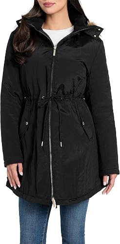 GUESS Womens Grace Shiny Crinkle Nylon Long Parka, Jet Black, Small