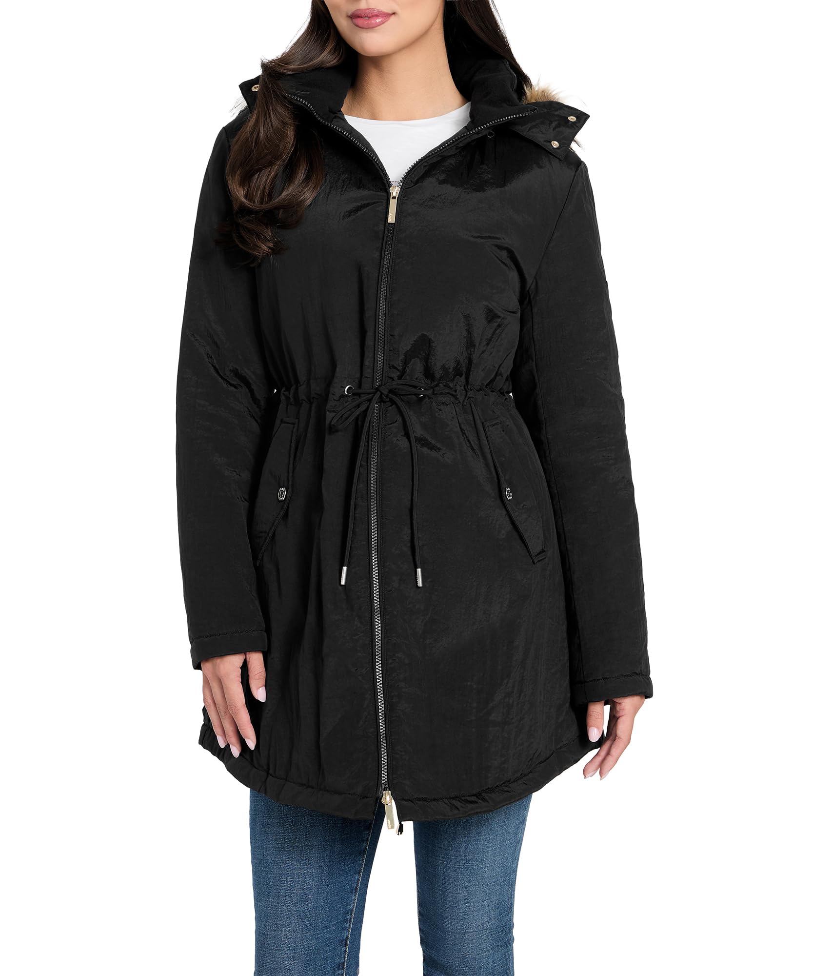 GUESS Women's Grace Shiny Crinkle Nylon Long Parka