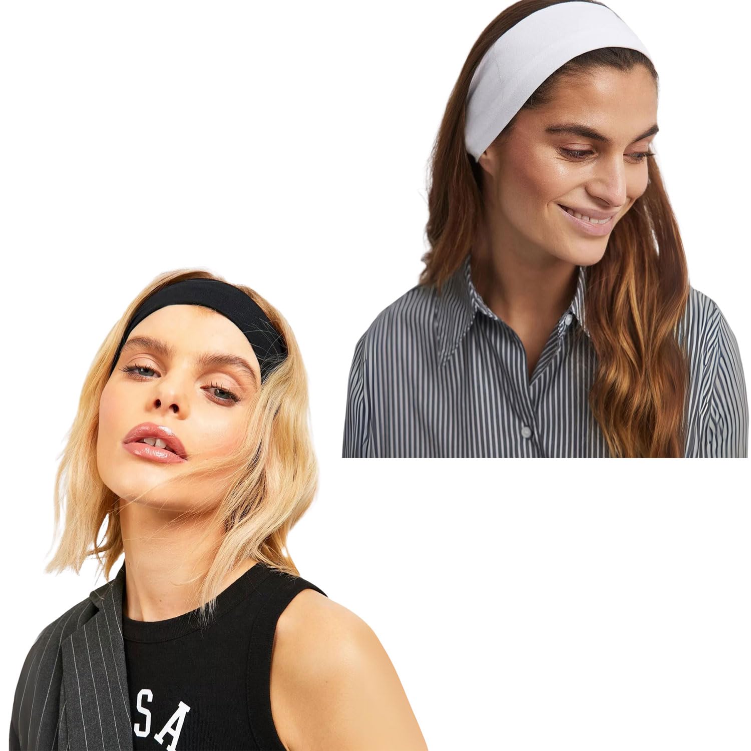 SALVIA DIONE 2'li Kombin Spor Saç Bantları - Elastik Kaymaz İnce Saç Ter Kafa Bandı Bandana, Şık Kadın & Erkek Koşu Fitness Yoga Pilates Makyaj Yüz Yıkama Atletik 2'Li Saç Bandı Seti (Siyah & Beyaz)