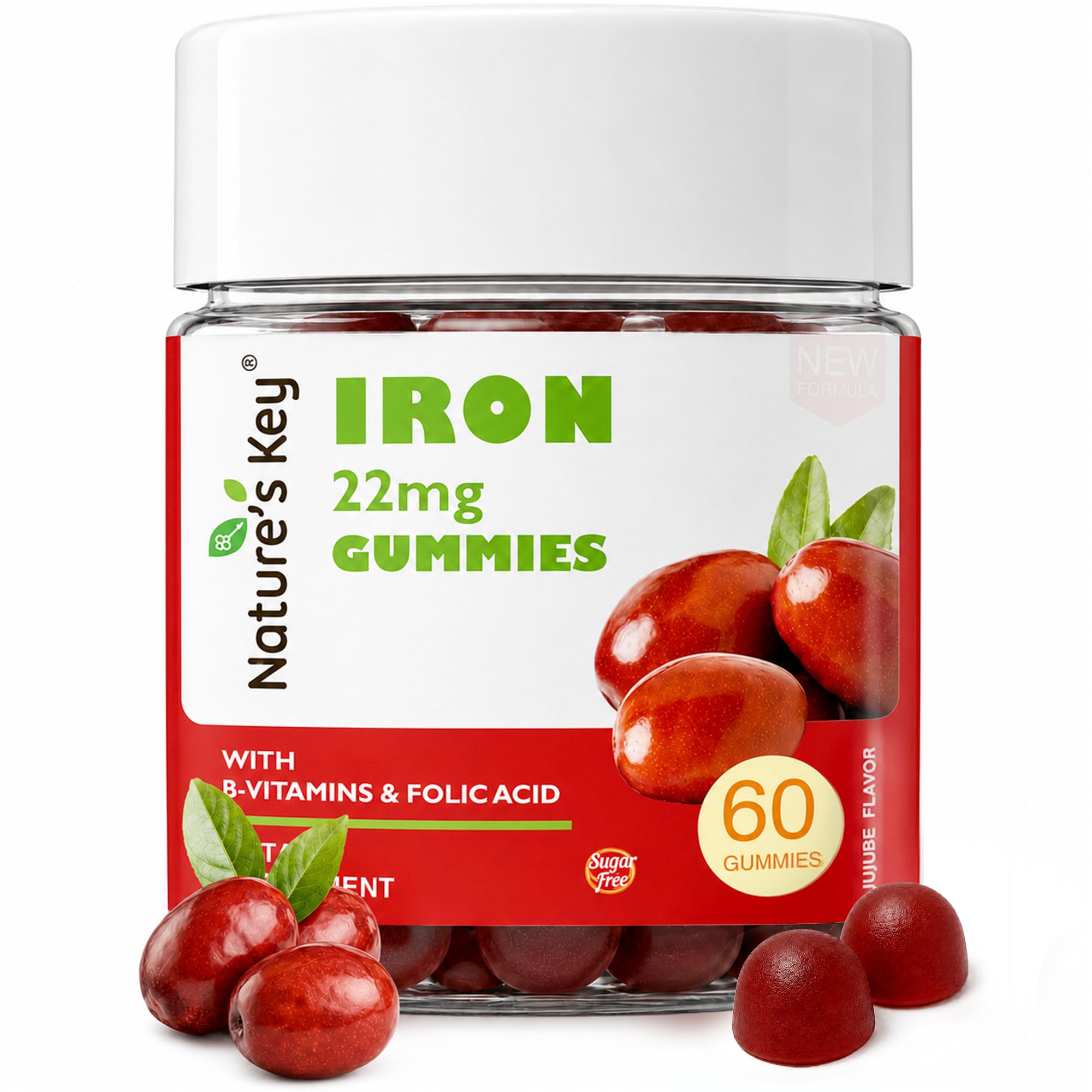 Nature's Key Iron Gummies, 22mg Iron Supplement with Folic Acid, B6 & B12, for Energy/Metabolism/Immune Support/Cellular Health/Radiant Skin/Antioxidant Support for Men Women Kids| NO Sugar| 60Ct