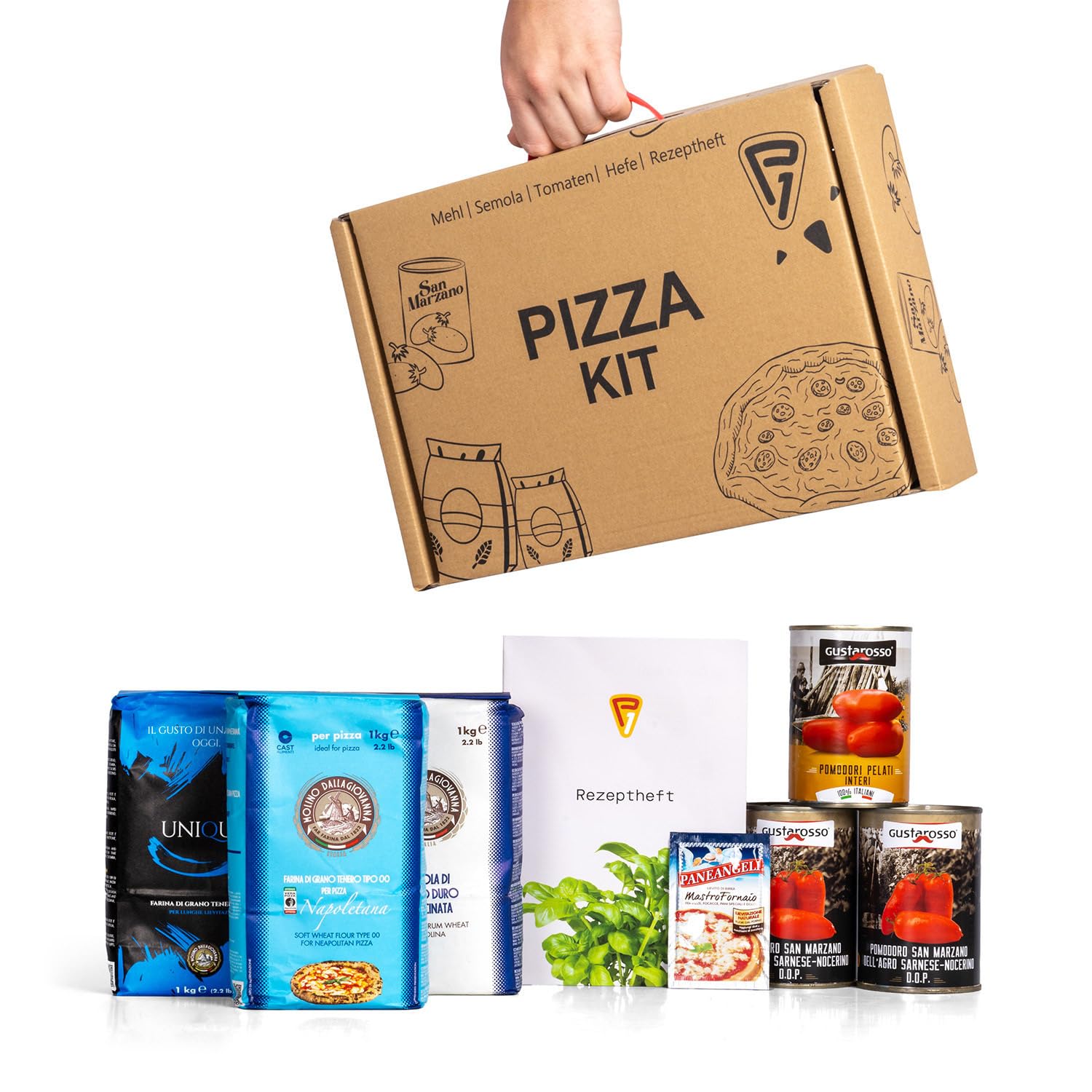 FUMOSA Pizza-Starterkit inkl. Rezeptheft, Pizzamehl, Trockenhefe, San Marzano Tomaten DOP (8-tlg.) | Pizzakit | Pizzaset | Pizza-Bundle