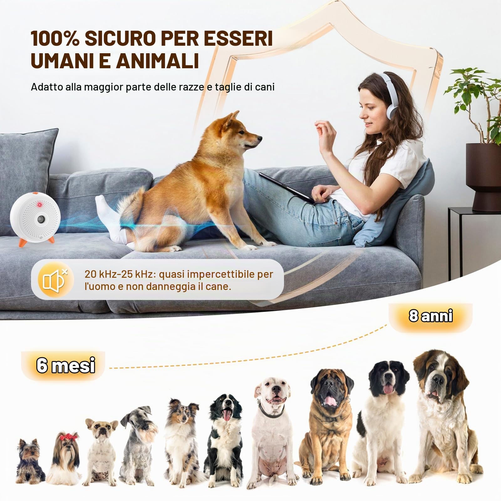 Antiabbaio, Automatico AntiAbbaio per Cani Deterrenti, Ultrasuoni Anti Abbaio Cani Dispositivo, Anti-Abbaio Impermeabile & Ricaricabile con 33ft Raggio di Azione, per Cani Grande/Piccola Taglia