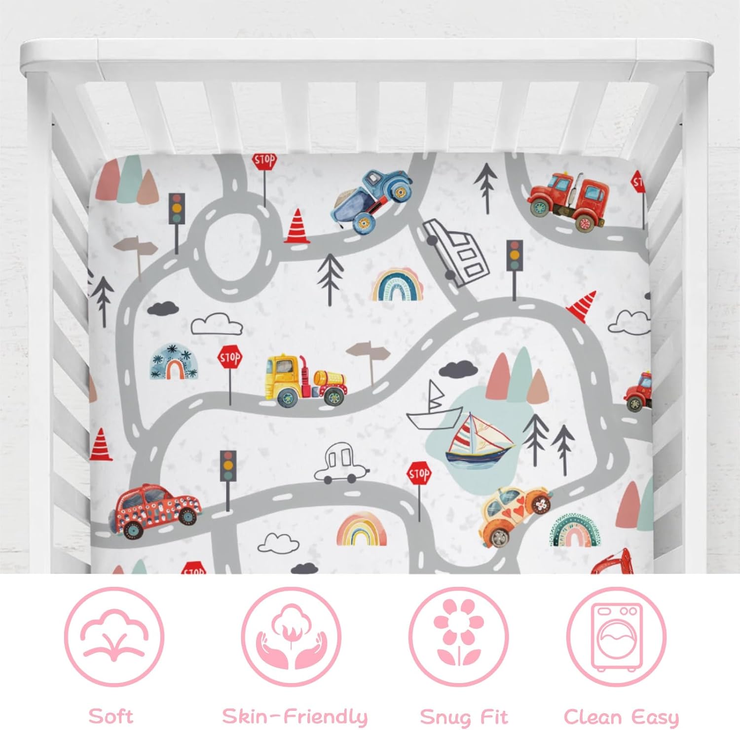Cartoon Road Car Vehicles Baby Sheets 52''x28'' City Roadway Truck Boat Mountain Forest Rainbow Fitted Mattress Covers for Boy Girl Soft Nursery Bed Sheet for Standard Crib Toddler Mattress