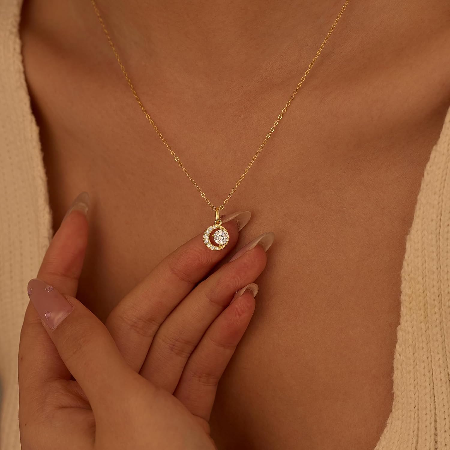 XAYAH Dainty Moon Birthstone Necklaces for Women 925 Sterling Silver 14K Gold Plated Cute CZ Moon Pendant Charm Chain for Mom Daughter Adjustable Choker Birthday Wedding Valentine's Day Jewelry Gifts - Image 5