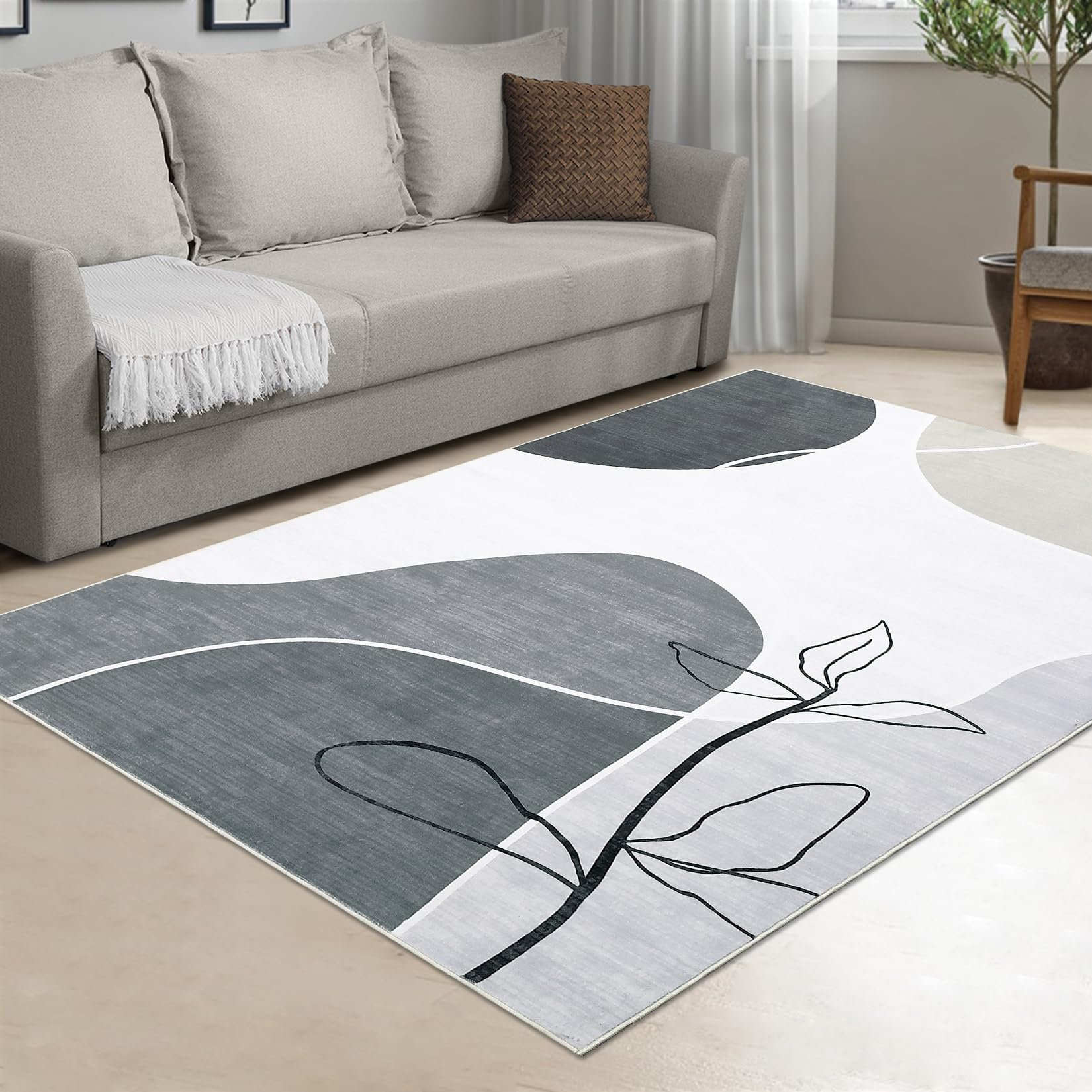 8x10 Large Area Rug Washable Rug Stain Resistant Low Pile Thin Floor Carpet Modern Floral Rug Boho Throw Rug for Living Room Bedroom Kitchen, Grey