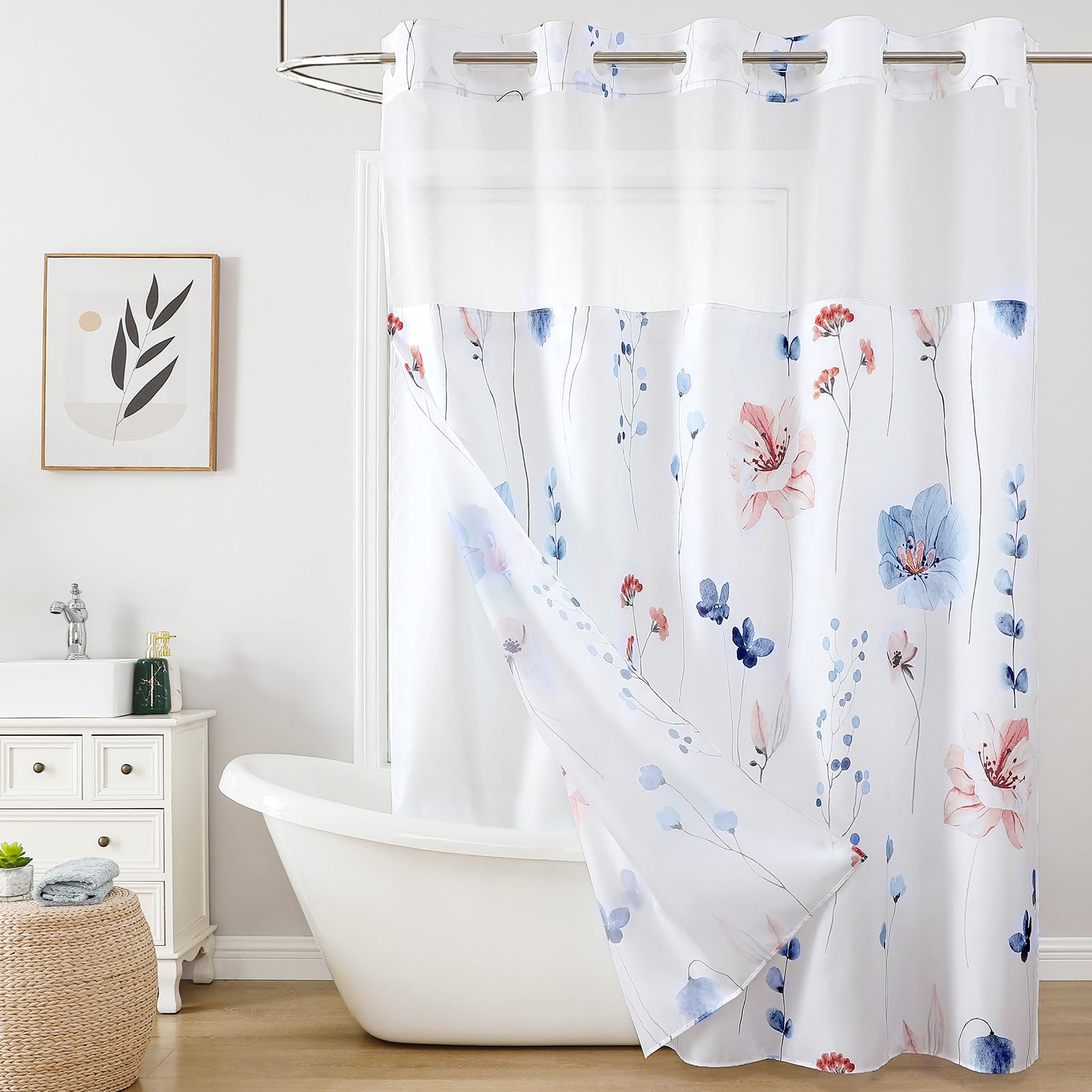 QiyI Flower Shower Curtain with Snap in Fabric Liner, Blue Watercolor Floral Cloth Bath Curtains, No Hook Shower Curtains with Mesh Top Window, Fabric