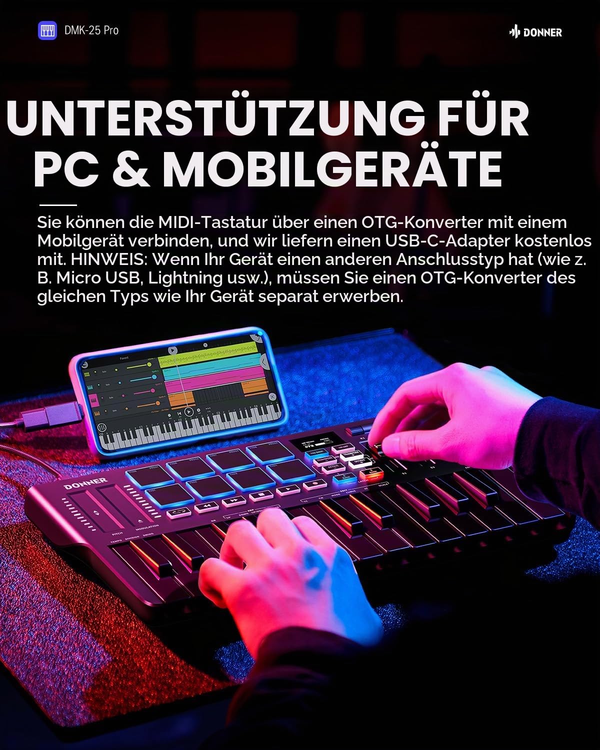 Donner DMK-25 Pro MIDI Keyboard Controller, tragbares USB-C-MIDI-Keyboard mit 25 Mini-Tasten, 8 Drum-Pads, OLED-Display, personalisierter Touch Bar, Musikproduktionssoftware und 40 Lernkursen