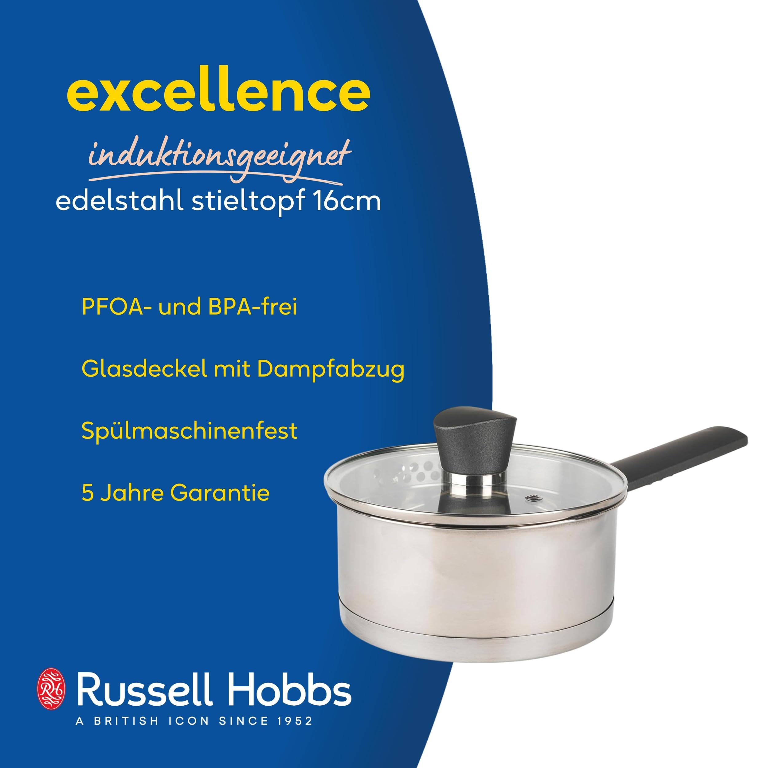 Russell Hobbs Kochtopf Klein 16cm, Edelstahl Topf 1.5L mit Glasdeckel, Induktionsgeeigneter Stieltopf, Spülmaschinenfester Kochtopf für Alle Herdarten, PFOA-Frei