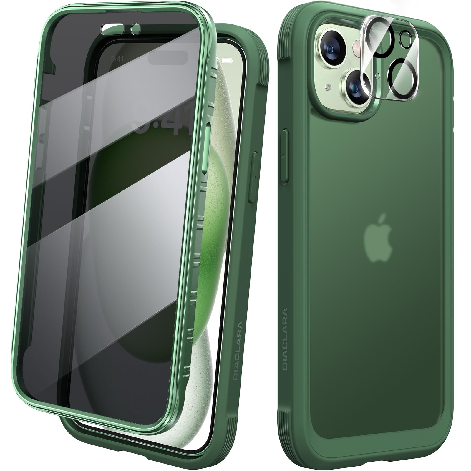 Diaclara Designed for iPhone 15 Case, Full Body Rugged Case with Privacy Built-in Touch Sensitive Anti-Scratch Screen Protector, with Camera Lens Protector for iPhone 15 6.1",Frosted Green