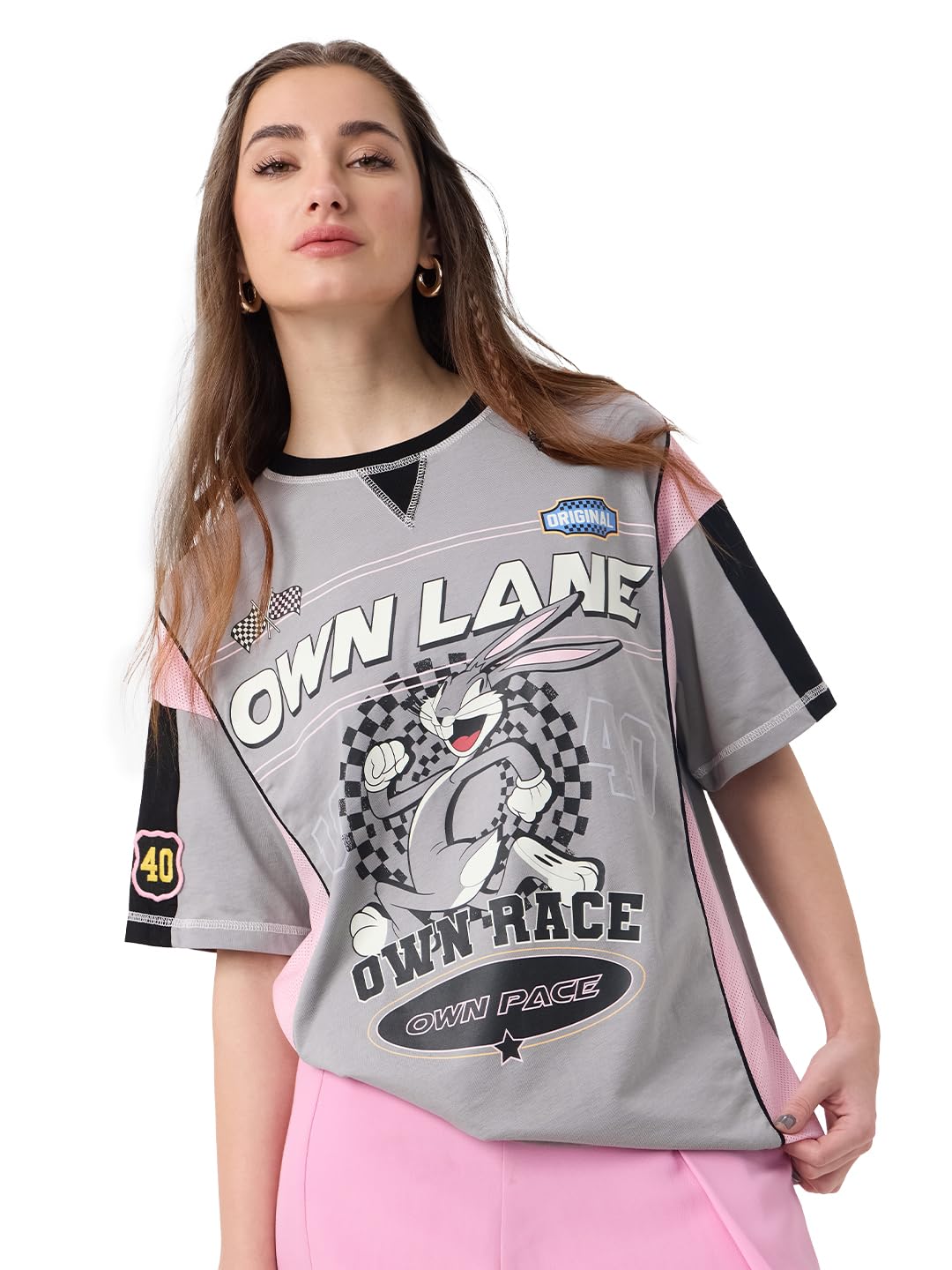 the souled store Bugs Bunny: Own Lane Women and Girls Short Sleeves Round Neck Grey Graphic Printed Cotton Oversized T-Shirts-picture-29