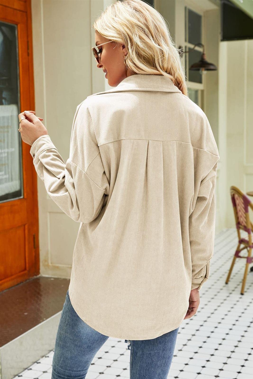 Camisa de Pana para Mujer, Blusas con Botones, Chaqueta Informal para Mujer, Blusas de Manga Larga para IR de Compras, Uso Diario (Apricot M)