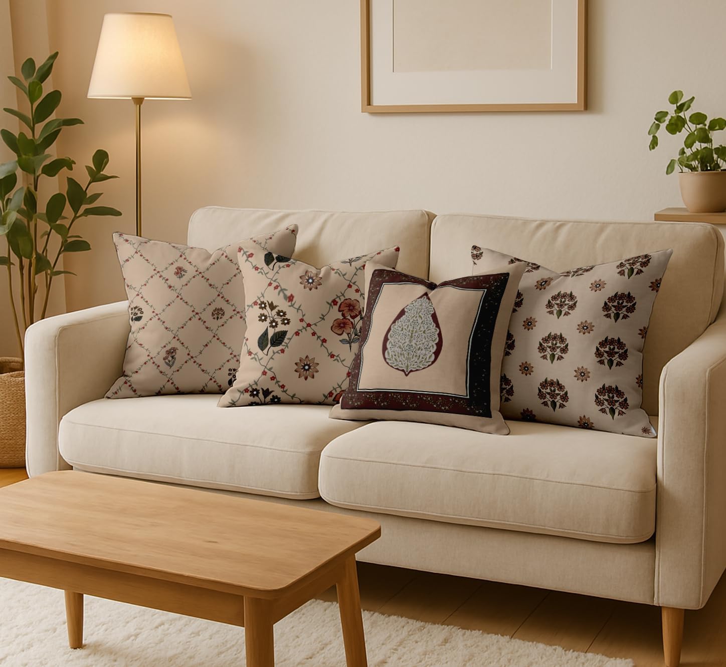 Taupe Cotton Cushion Covers Set of 4, 16x16 Inch, Dual-Sided Print, Hidden Zipper Closure - Floral Print