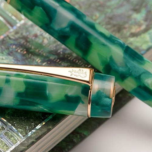Miniatura 6 de Jinhao - Pluma estilográfica clásica con borde dorado de mármol verde, punta M con convertidor y estuche para bolígrafos