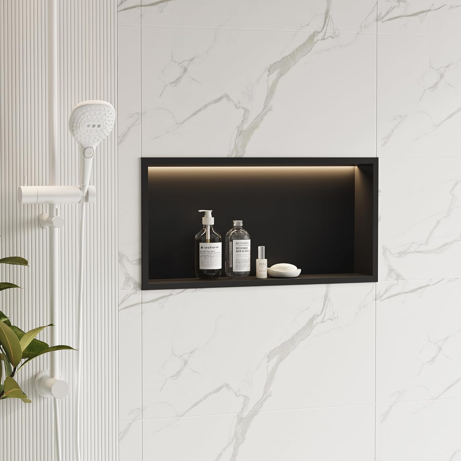24x12 Wall Niche with LED Light Strip, Matte Black Shower Niche Shelf Cabinet, Stainless Steel Bathroom Shelf, NO Tile Needed Recessed Storage Organizer for Shampoo,3000K Light Black 24X12In