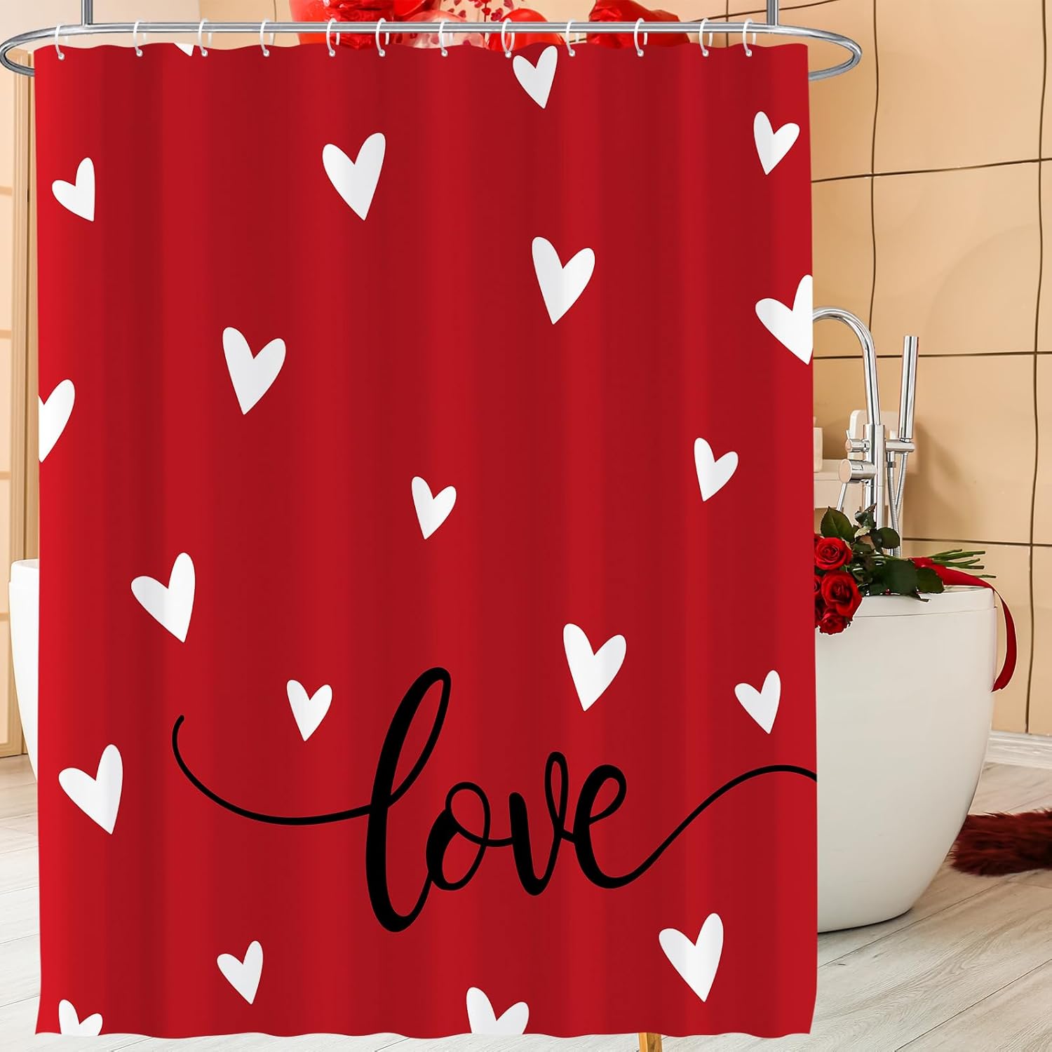 4 Pcs Valentines Day Shower Curtain Bathroom Set, Red White Love Heart Non Slip Rugs Toilet Lid Cover U Shape Bath Mat and 12 Hooks Accessories for Happy Valentine’s Bathroom Home Decor
