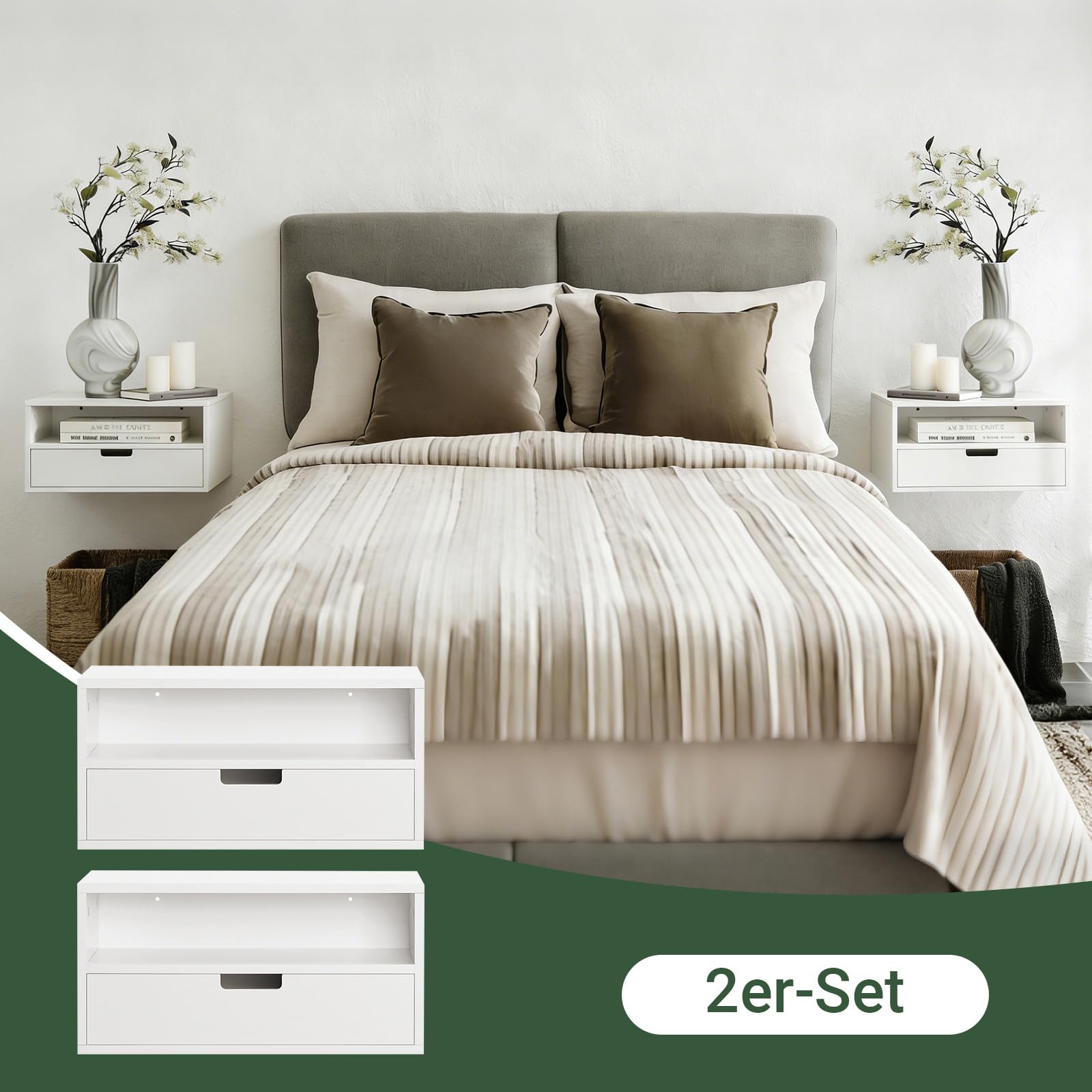 SoBuy hängender Nachttisch mit Schublade 45x25x22cm | 2er Set Wandregal mit offenem Fach, platzsparend für Schlafzimmer und Eingang Weiß NKD03-Wx2