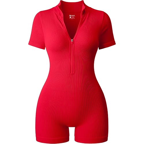 OQQ Women Rompers Casual Short Sleeve Zip Front Short Jumpsuits