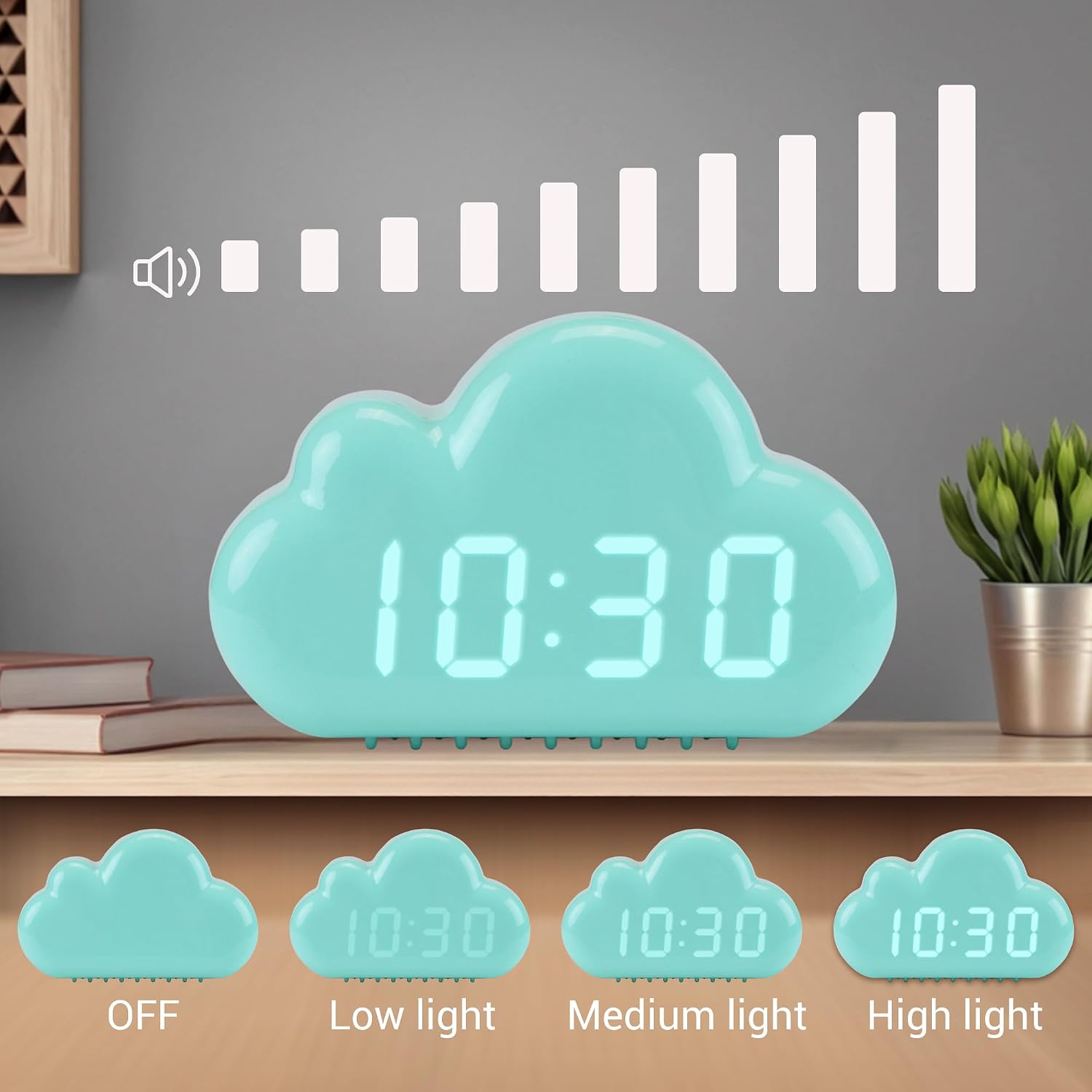 Cloud Design Alarm Clock, Three Alarms, Adjustable Brightness for Bedroom/Dorm 5.9" L x 1.6" W x 3.5" H White