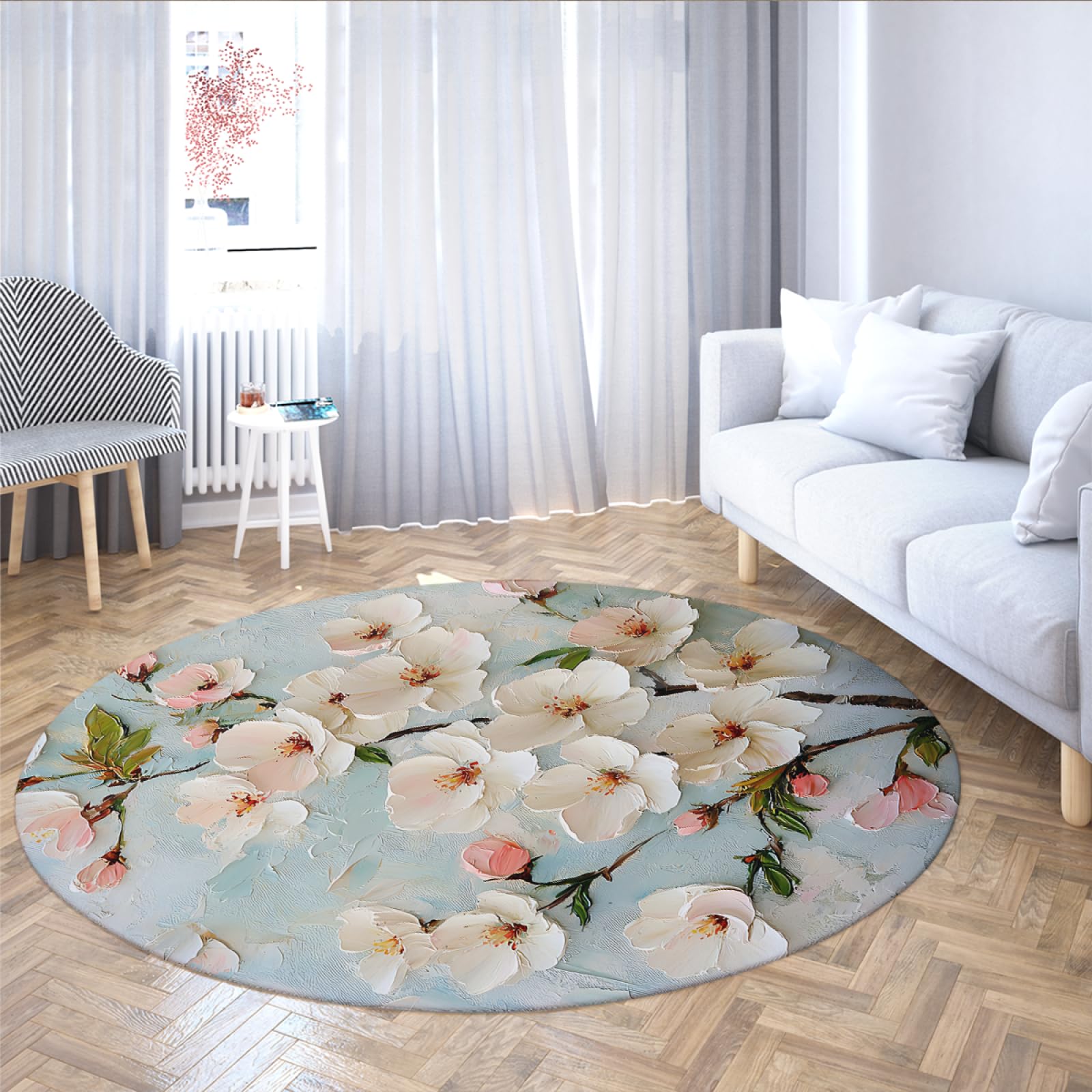 Tapis rond 180cm lavable et pliable en velours style art floral 3D fleur de pêcher intérieur