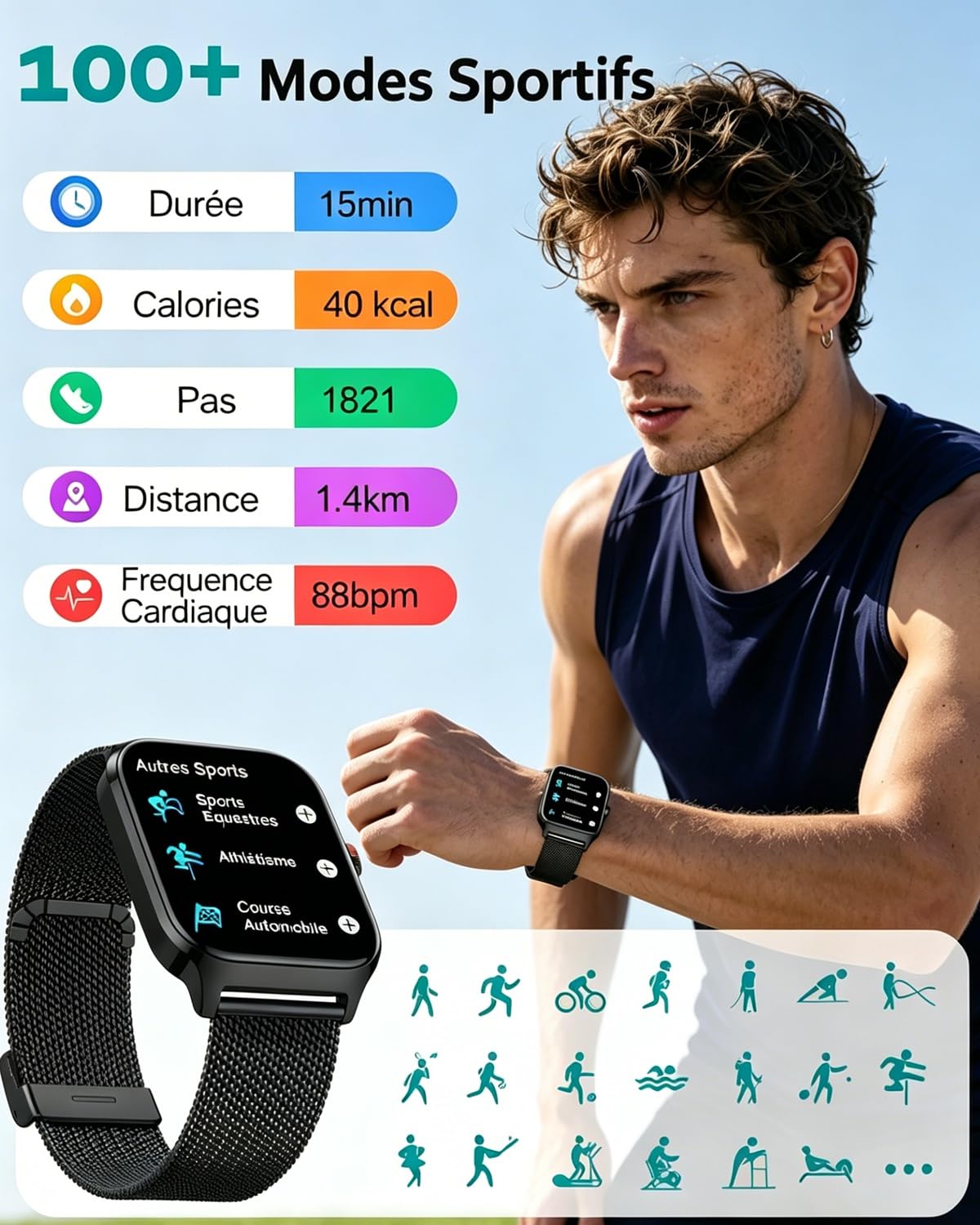 Popglory Montre Connectée pour Samsung Apple Android Phone, 1.85" Smartwatch Homme Femme avec Appel Bluetooth, Tensiomètre, Fréquence Cardiaque, SpO2, Stress, Sommeil, Podomètre, 100+ Sports, Cadeau
