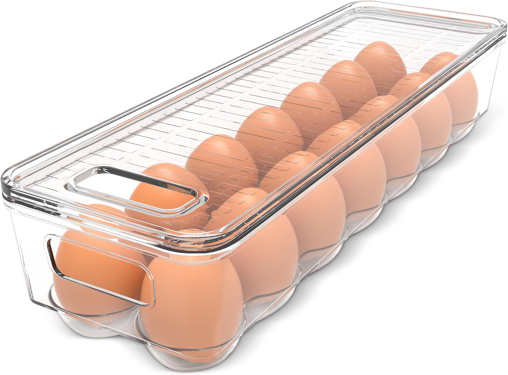 Utopia Home Egg Container For Refrigerator - 14 Egg Holder, Clear Rectangular Tray with Lid & Handle, Stackable, Pack of 1