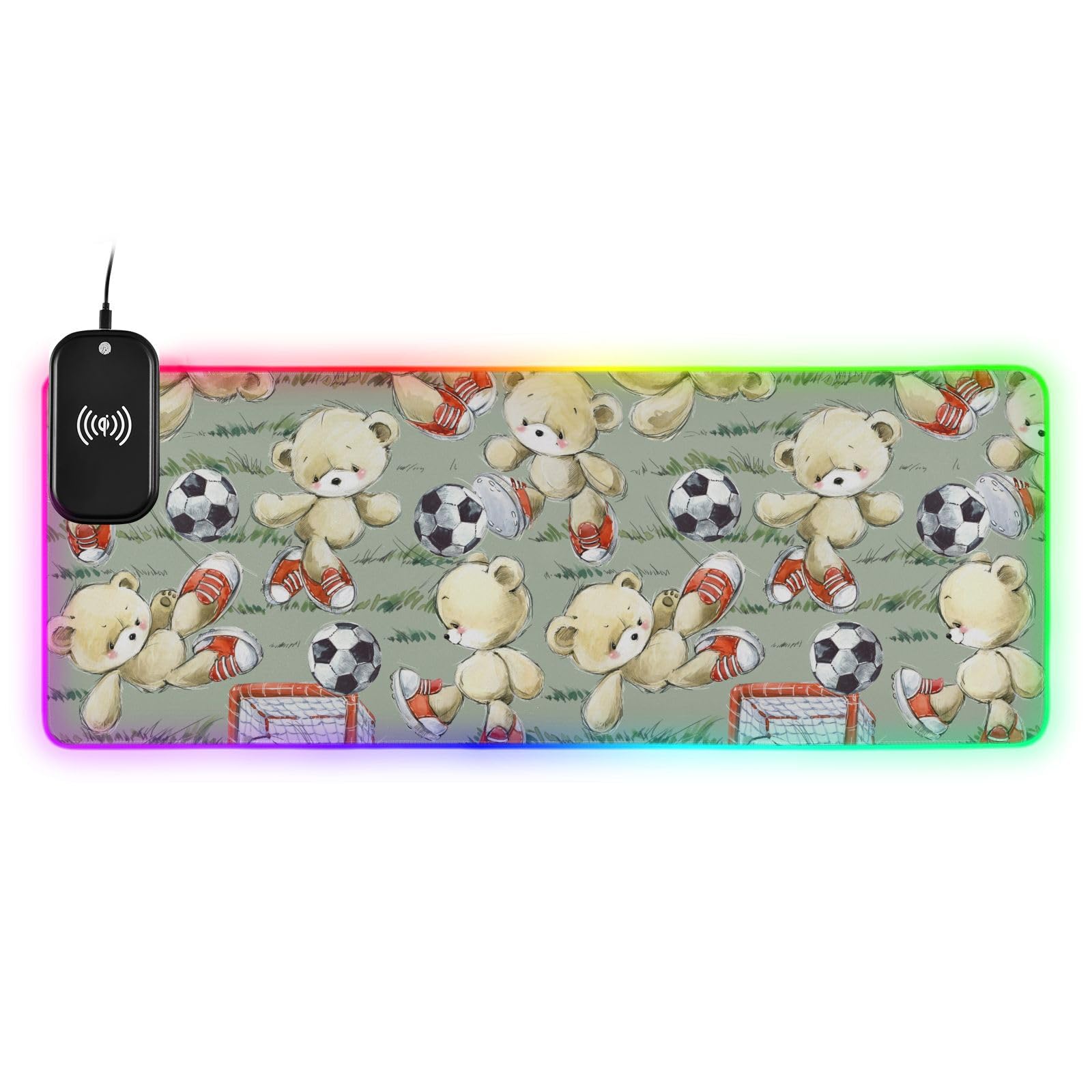 Cutebear Football Wireless Charging Mouse Pad for Mobile Phone Extra Large Gaming Mousepad with 13 Lighting Modes Keyboard Mat for Office Home Gaming MacBook PC Laptop Desk