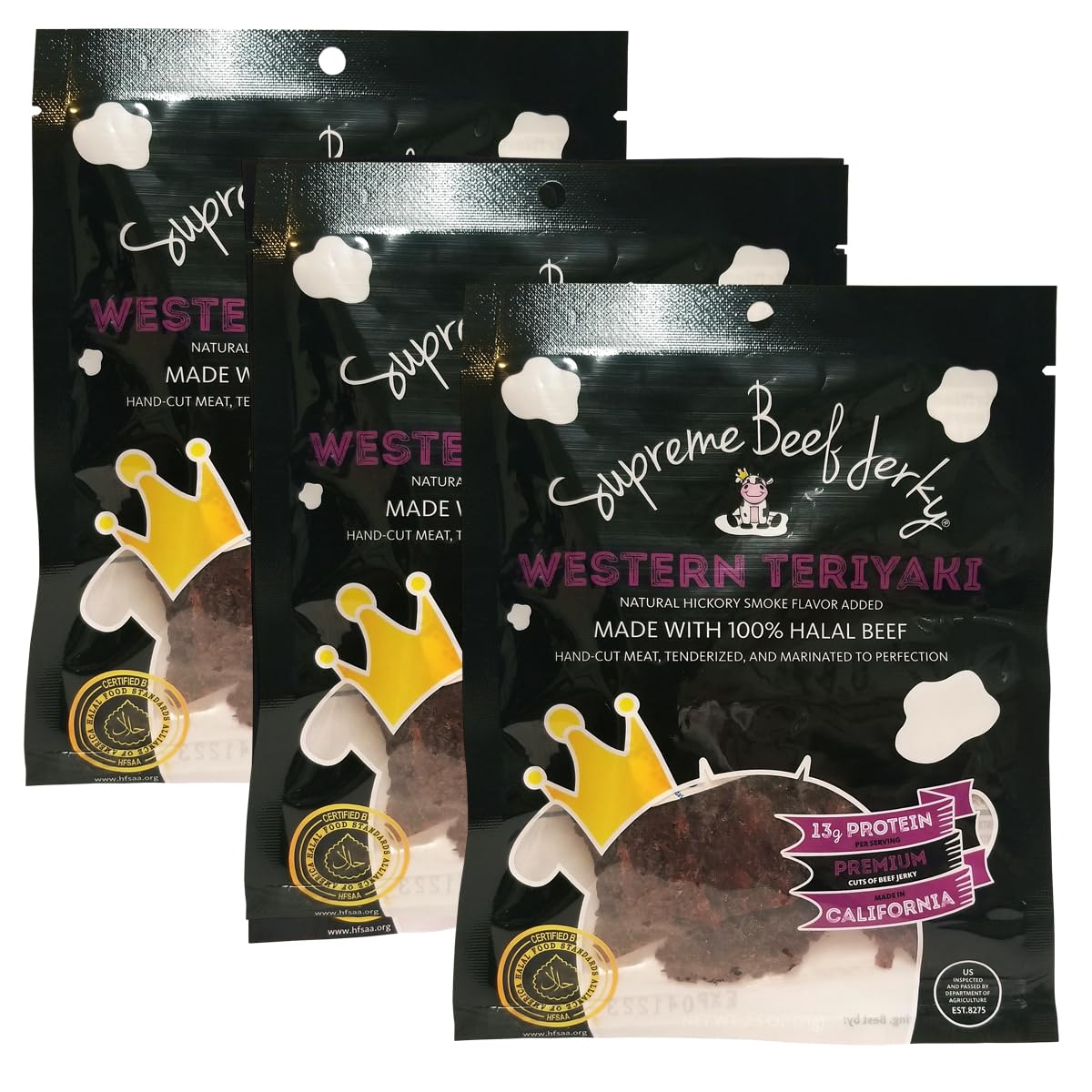 Supreme Beef Jerky, Halal Beef Jerky, Zabiha Halal Certified Beef, Handcrafted Gourmet Meat Snacks, 2.5 oz Western Teriyaki, B2G1 2.5 Ounce Bags, Pack of 3