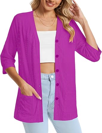 DB MOON Womens Summer Lightweight Cardigan 3/4 Sleeve Shrugs Light Weight Spring Open Front Sweaters with Pockets