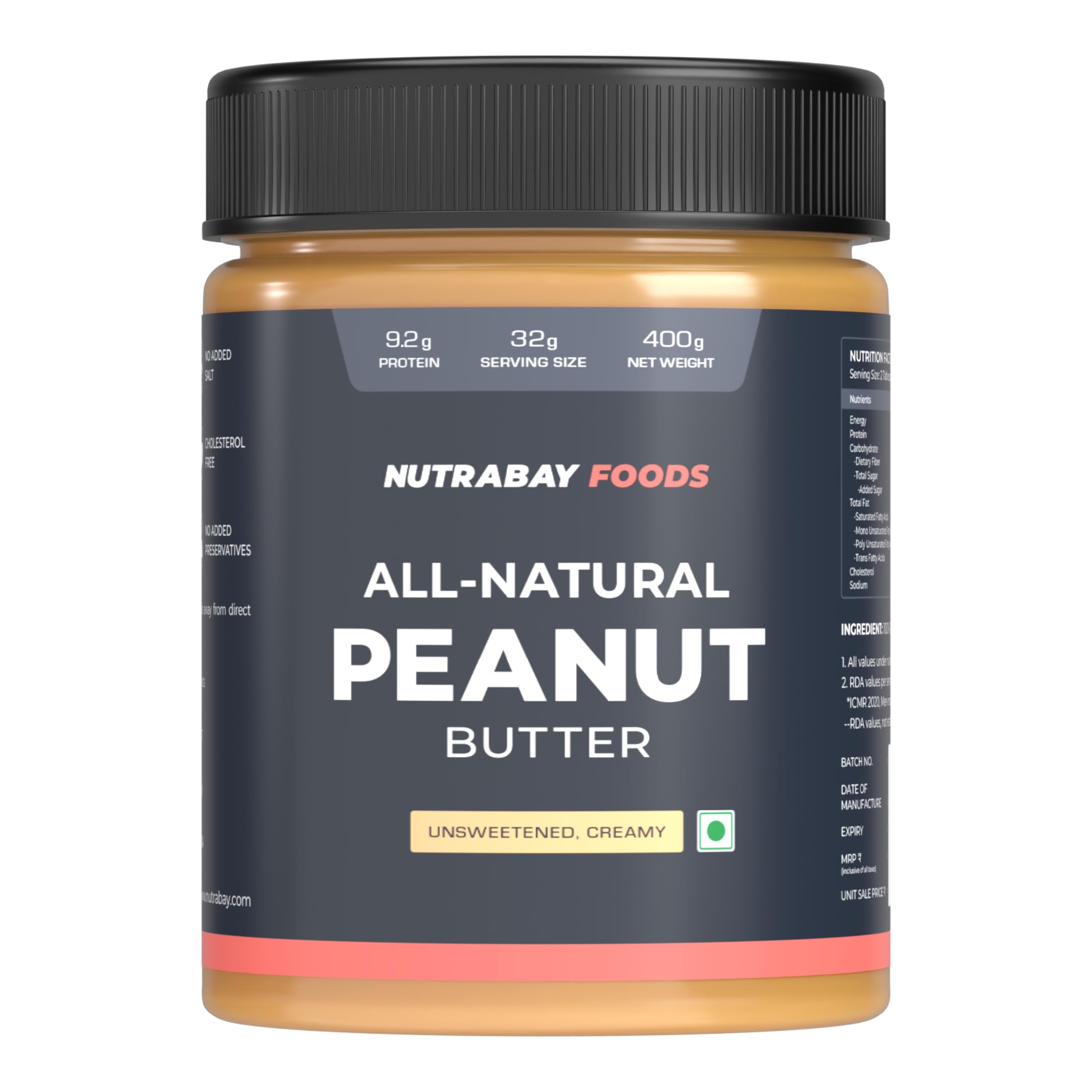 Nutrabay Foods All-Natural Peanut Butter (Creamy) - Unsweetened, 400g | 100% Roasted Peanuts, 28g Protein, Zero Cholesterol, Vegan, Gluten Free, Non GMO (B09GKT5SVB) Amazon Price History, Amazon Price Tracker