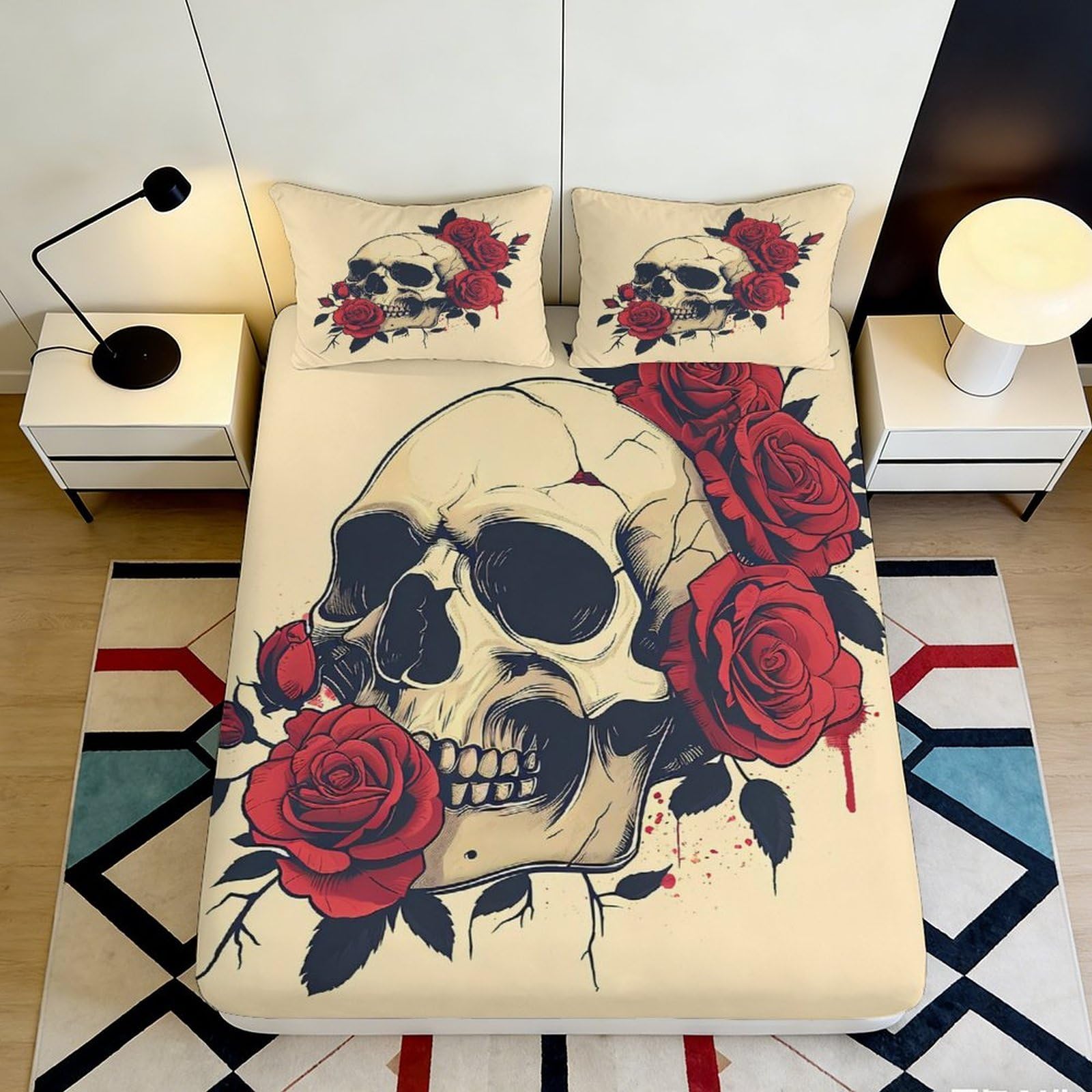 3D Printed Skull and Red Rose Fitted Sheet Microfiber with Skull and Rose Bed Cover for Bedroom Dormitory Guest Room Mattress Protection 160x200x25cm