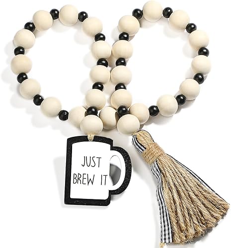 Letreros de barra de café guirnalda de cuentas de madera de café con borlas bandeja rústica escalonada para decoración del hogar cocina pared