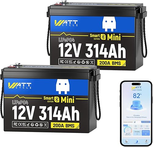 WattCycle Mini batería de litio LiFePO4 de 12 V 314 Ah (equivalente a 300 Ah) - Bluetooth 5.0, 200 A BMS, 4.01 kWh de energía, aletas de