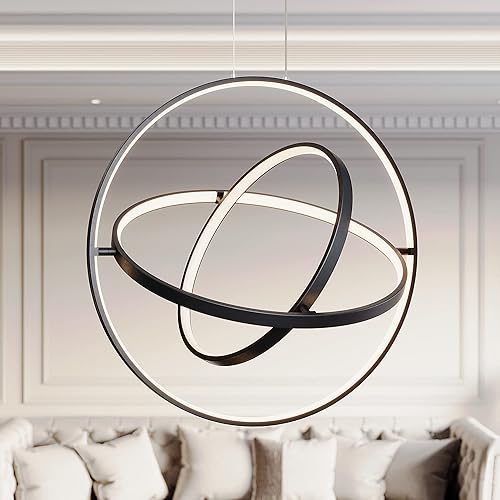 Miniatura 8 de Candelabro LED moderno creativo personalizado de 3 anillos para isla de cocina, lámpara colgante para sala de estar, comedor (negro) regulable con