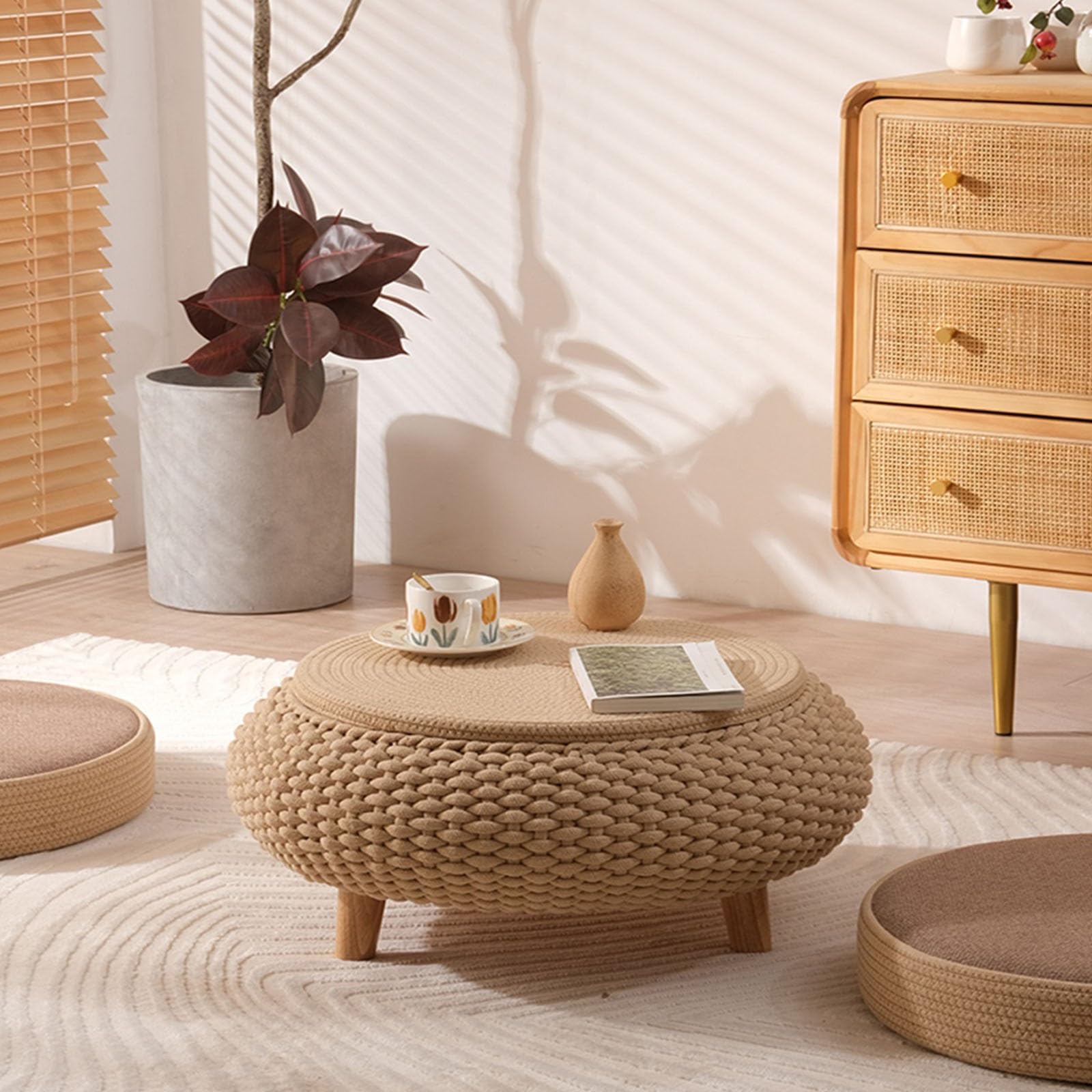 Tavolo da terra, Davanzale della finestra Tatami tavolino da caffè Semplice pavimento tavolo rotondo Tatami mobile tavolo basso Mobili soggiorno Tavolino basso da caffè(Cream,Grande)