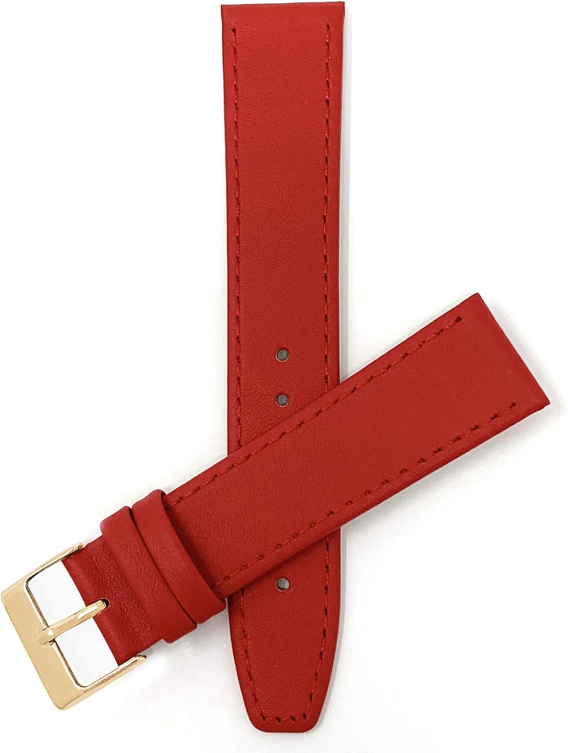 Bandini Extra Long 12mm Womens Italian Leather Watch Strap Band - Red with Stitching - Classic - Slim - Gold Buckle