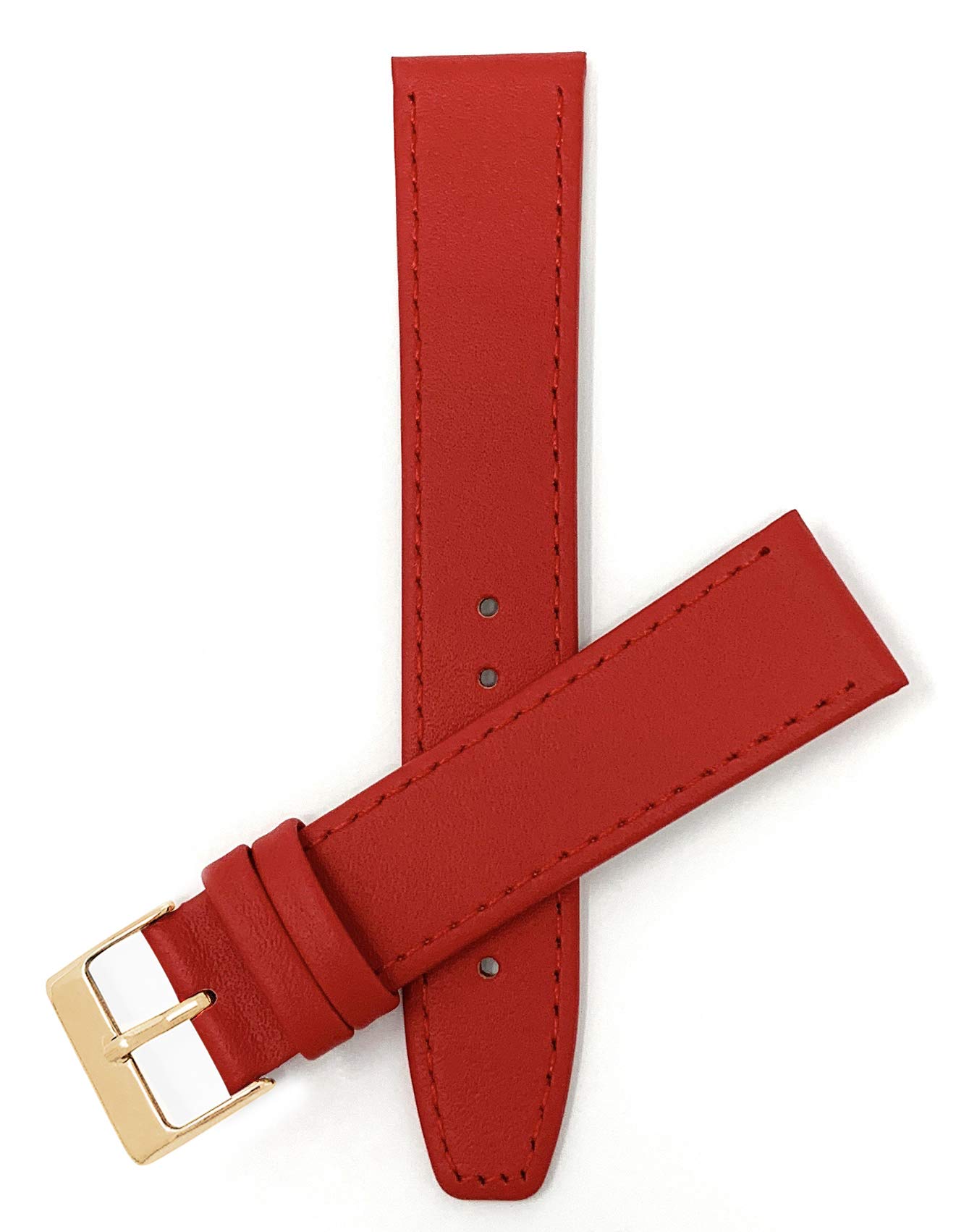 Bandini Extra Long 14mm Womens Italian Leather Watch Strap Band - Red with Stitching - Classic - Slim - Gold Buckle