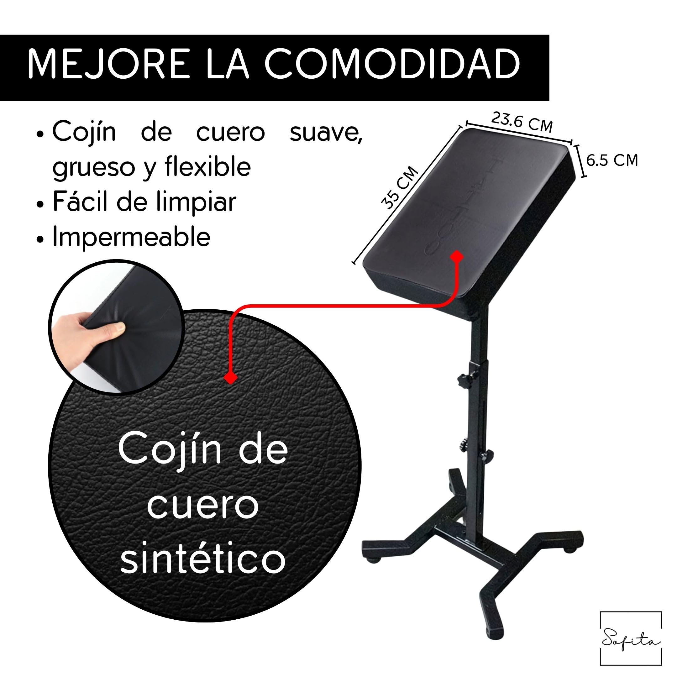 SOFITA Apoyabrazos Tattoo + [100 Fundas Desechables] Reposabrazos Tattoo. Altura e Inclinación Ajustables. Almohadilla de Cuero de Alta Densidad. Apoyabrazos Tatuaje (Base de Cuatro Esquinas)