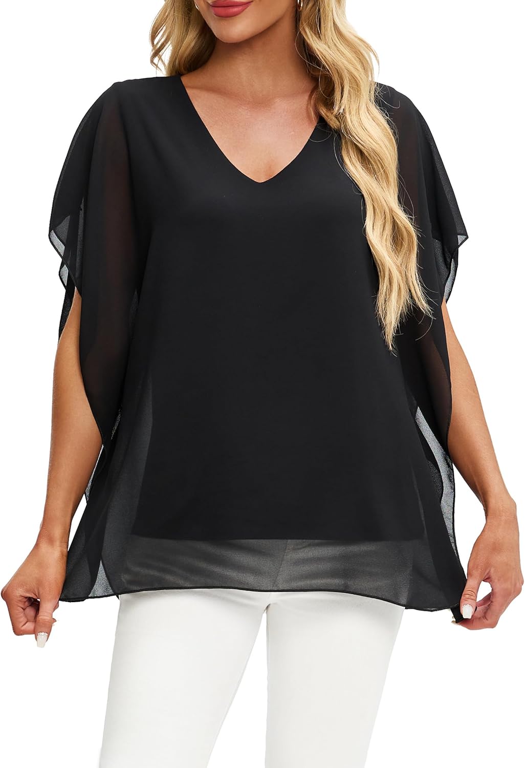 Ckikiou Summer Flowing Flounce Sleeve Chiffon Lined Blouse for Women Loose V Neck Floral Print Double Layered Shirt Top - Image 2