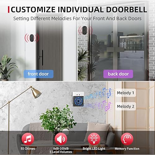 Miniatura 4 de CallToU Timbre para personas con discapacidad auditiva con luz estroboscópica y 55 melodías, timbre de puerta inalámbrico de largo alcance de 1000