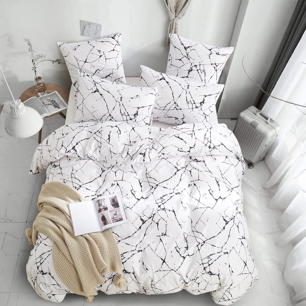 Lanqinglv Duvet Cover Set King Size Black and White Marble Geometric Bedding Set Kingsize Reversible Textured Soft Quilt Cover 220x240cm with Zipper Closure and 2 Pillowcases 50x75cm - Image 3