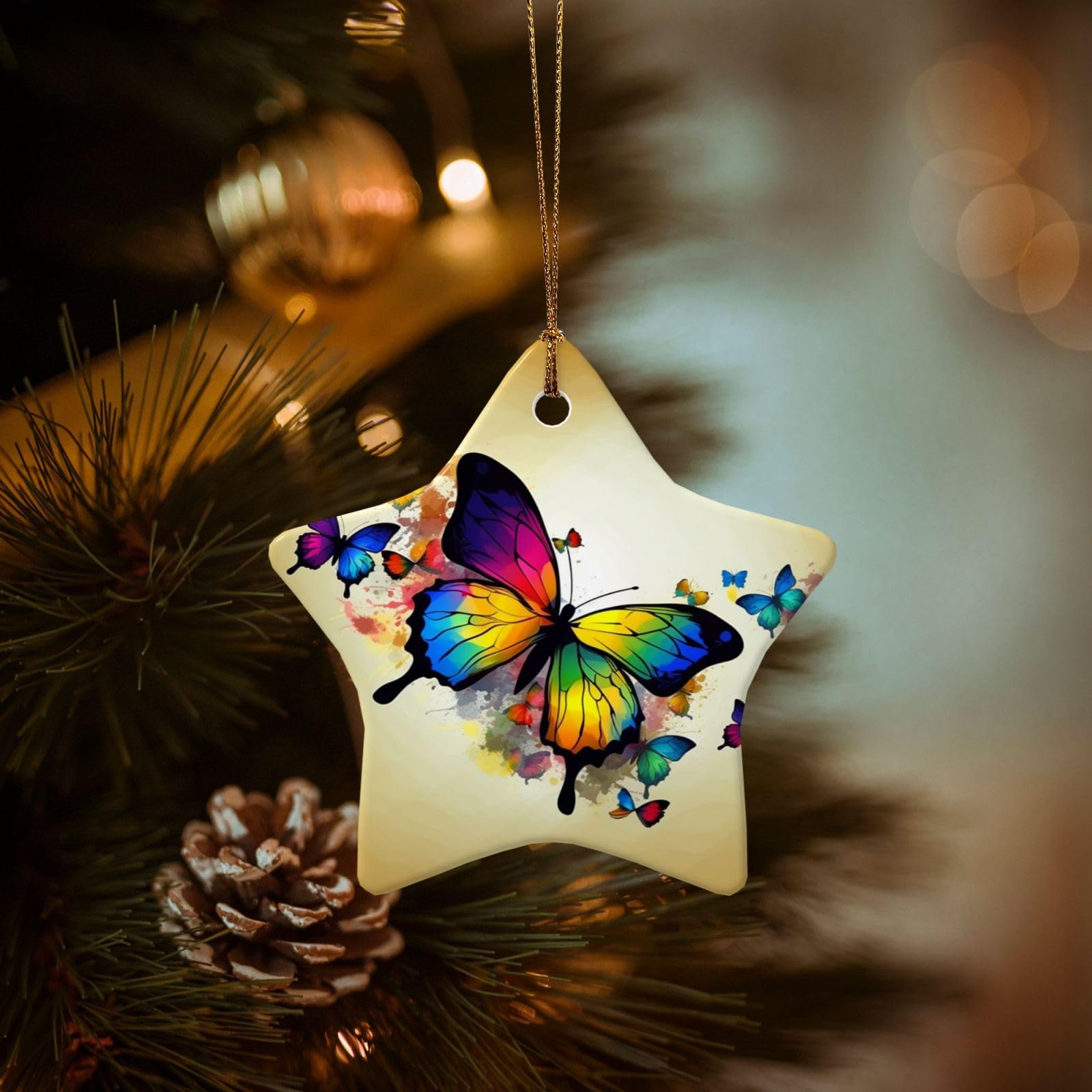 Christmas Tree Ornaments Ceramics Christmas Decorations Color Butterfly Ornaments with Gold Ribbon Porcelain Xmas Tree Crafts Star Shape Hanging Pendant for Christmas Tree Party Decor