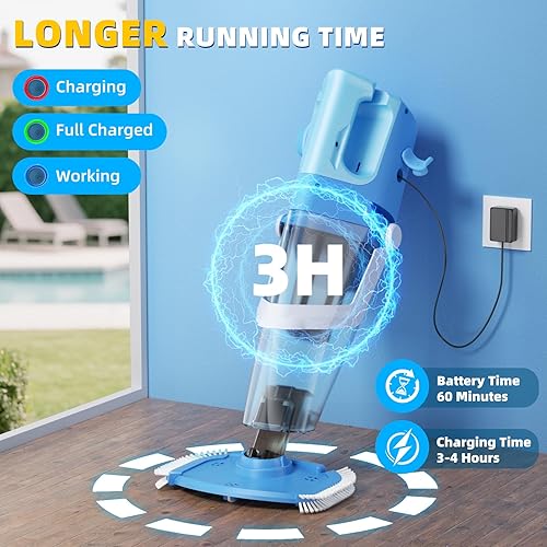 Miniatura 7 de Aspiradora de piscina inalámbrica con poste telescópico, succión potente de 26.5 galones/min, limpiador de piscina recargable de mano con 1 hora