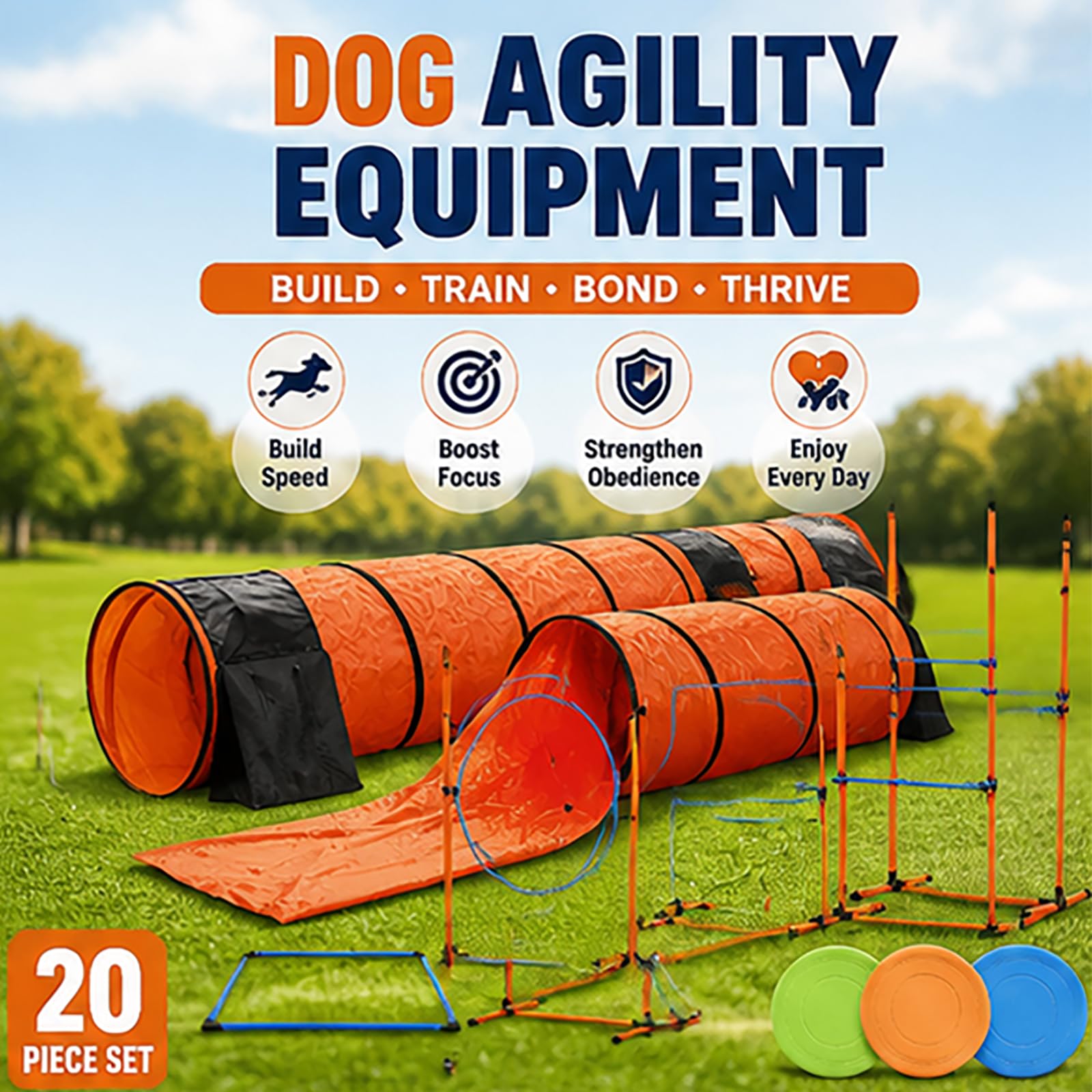 Equipo de Agilidad para Perros de 20 Piezas con Bolsa de Transporte Vallas | Carrera de obstáculos para perros en el patio trasero, postes de salto ajustables, para patio trasero, parque